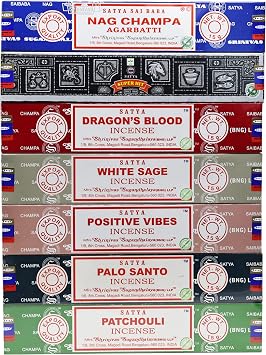 EARTH Satya Incense Sticks Set of 7 - Nag Champa, Super Hit, Dragons Blood, White Sage, Positive Vibes, Palo Santo, Patchouli 15 GMS Green Certified- Hand Rolled Incense Sticks