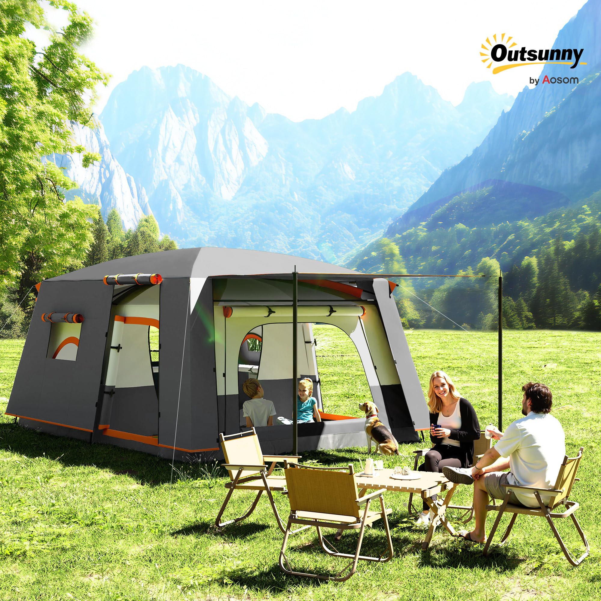 Outsunny Tenda da Campeggio per 4 Persone, Tenda Famigliare a Tunnel Grande Anti-UV per 3 Stagioni con 2 Stanze, Veranda e Borsa di Trasporto per Pesca, 430x305x195 cm