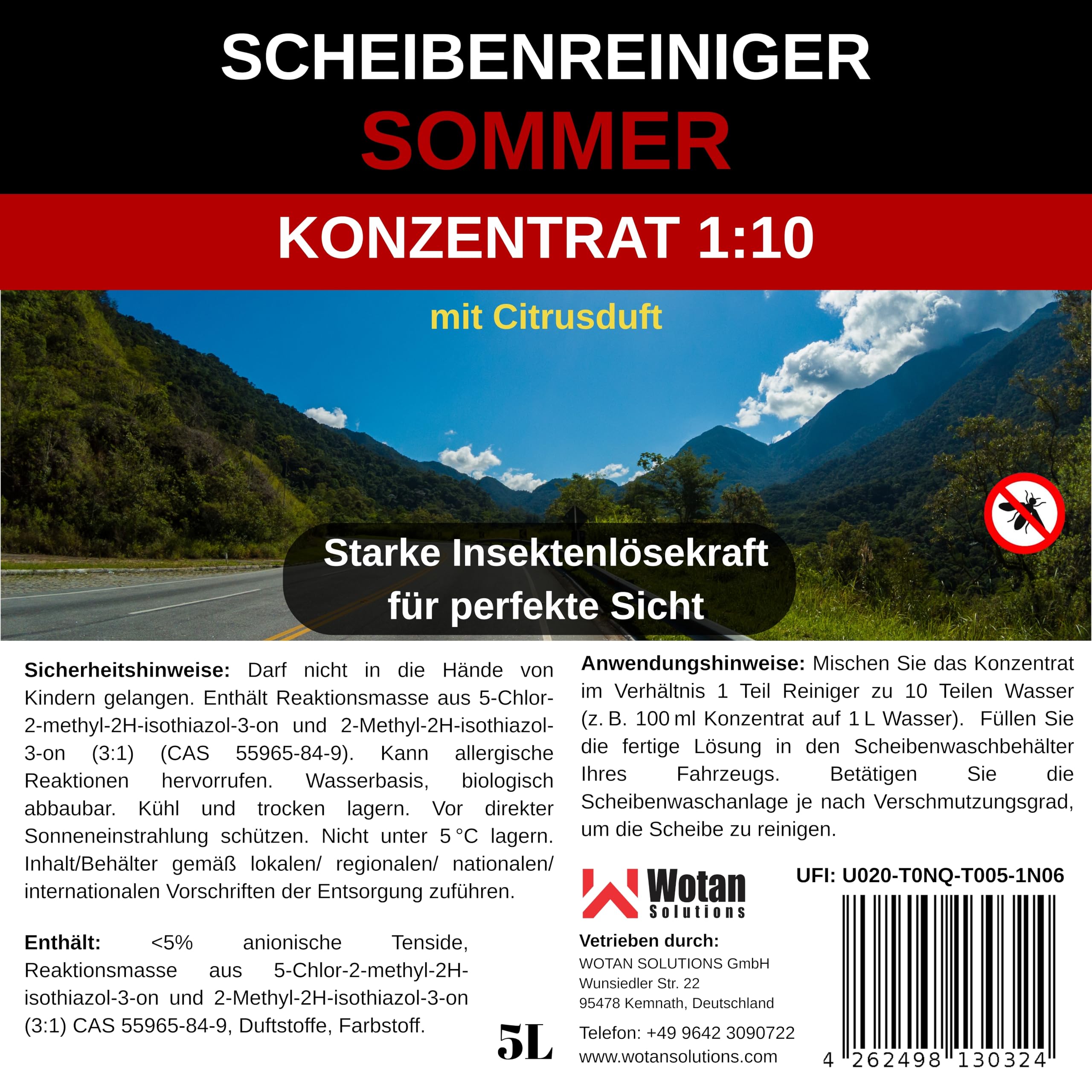 Wotan's 20L Scheibenreiniger Konzentrat 1:10 (Ergibt 200L) - Sommer Insektenlöser | streifenfrei – getestet "Premiumqualität aus Deutschland" | polycarbonatverträglich und Fächerdüsengeeignet