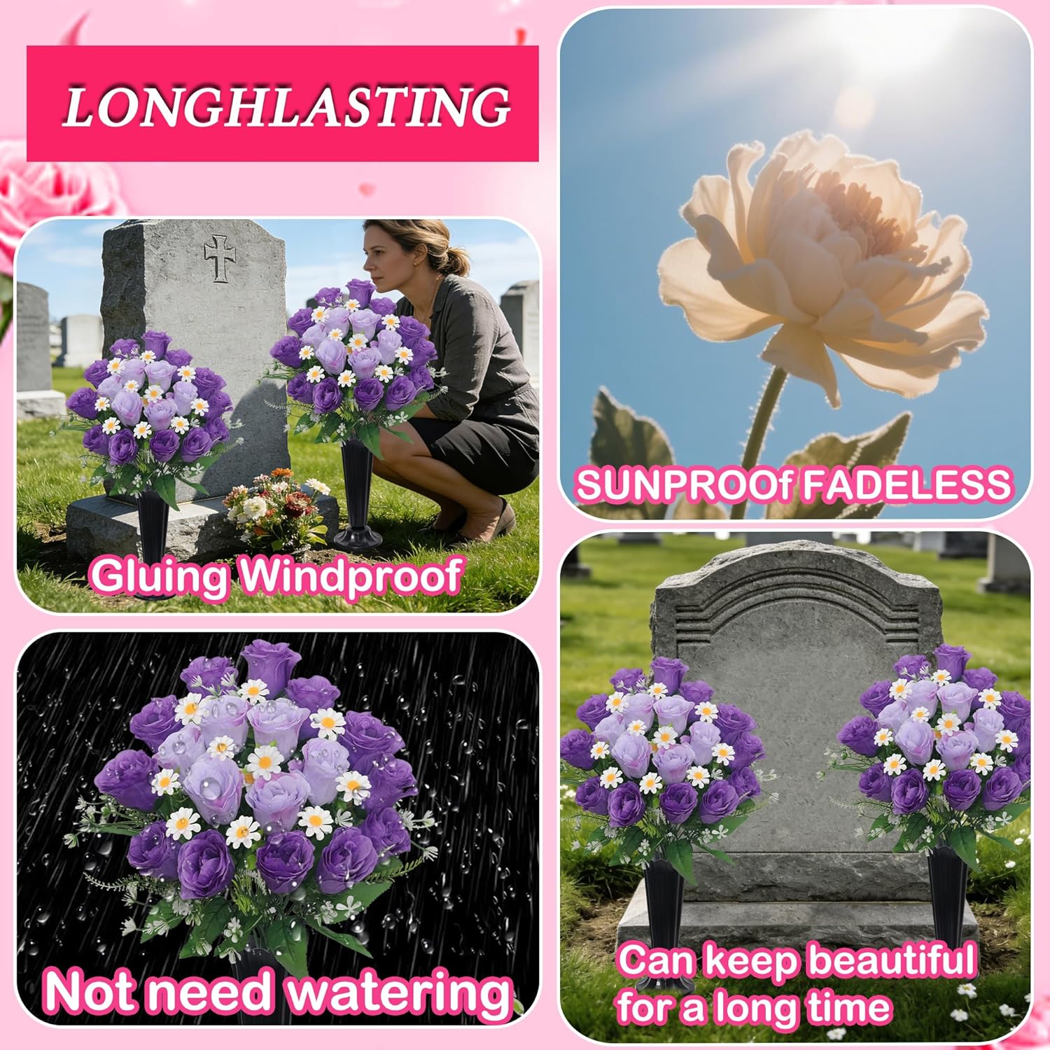 Wocst Artificial Cemetery Flowers for Grave Memorial Day Flowers for Cemetery,2Pack Artificial Silk Roses Daisy Bouquets with Cemetery Vases for Outdoor Grave Decorations ﻿ (Purple)