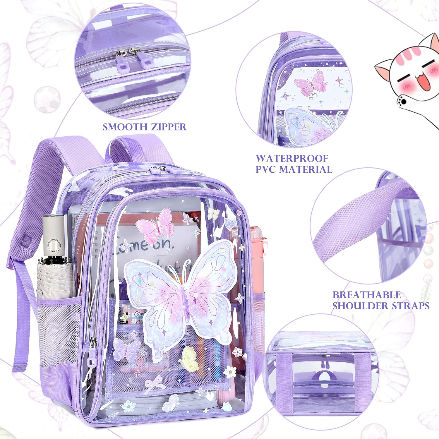 AO ALI VICTORY Clear Backpack for Boys Girls, Kids Backpack Set with Lunch Box Pencil Bag PVC Elementary Laptop Bookbag for School Students See Through Transparent Travel Back Pack, Purple Butterfly - Image 3