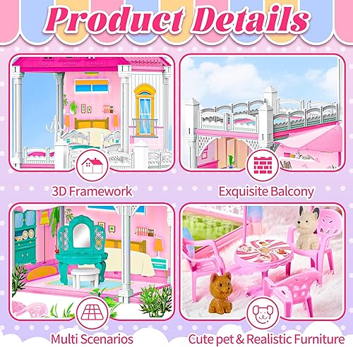 Miniatura 9 de Casa de muñecas para niñas con luz, casa de muñecas de 10 habitaciones con figura de muñecas, cachorros, muebles, accesorios, casa de juegos regalo