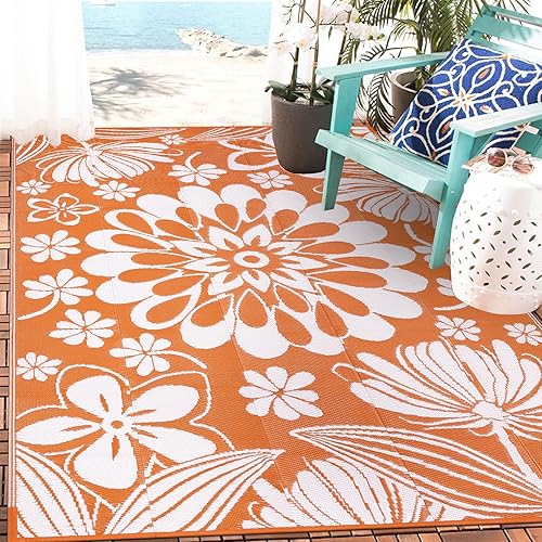 Ileading Alfombra de Paja de Plástico para Exteriores 5x8 pies Estilo Floral Divertido Alfombras de Área Reversibles para Patio Impermeables