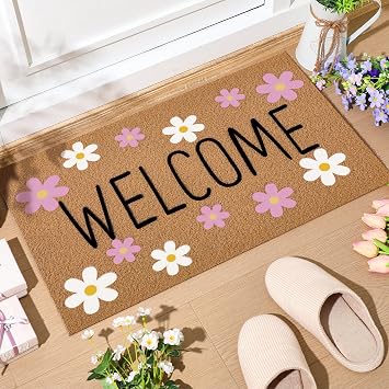 Duraaamo Spring Flower Coir Doormat Outdoor Daisy Welcome Mat Outdoor Non Slip Spring Door Mat for Entrance Home Front Porch Door 16 x 28 Inches Housewarming Gift Indoor Decor