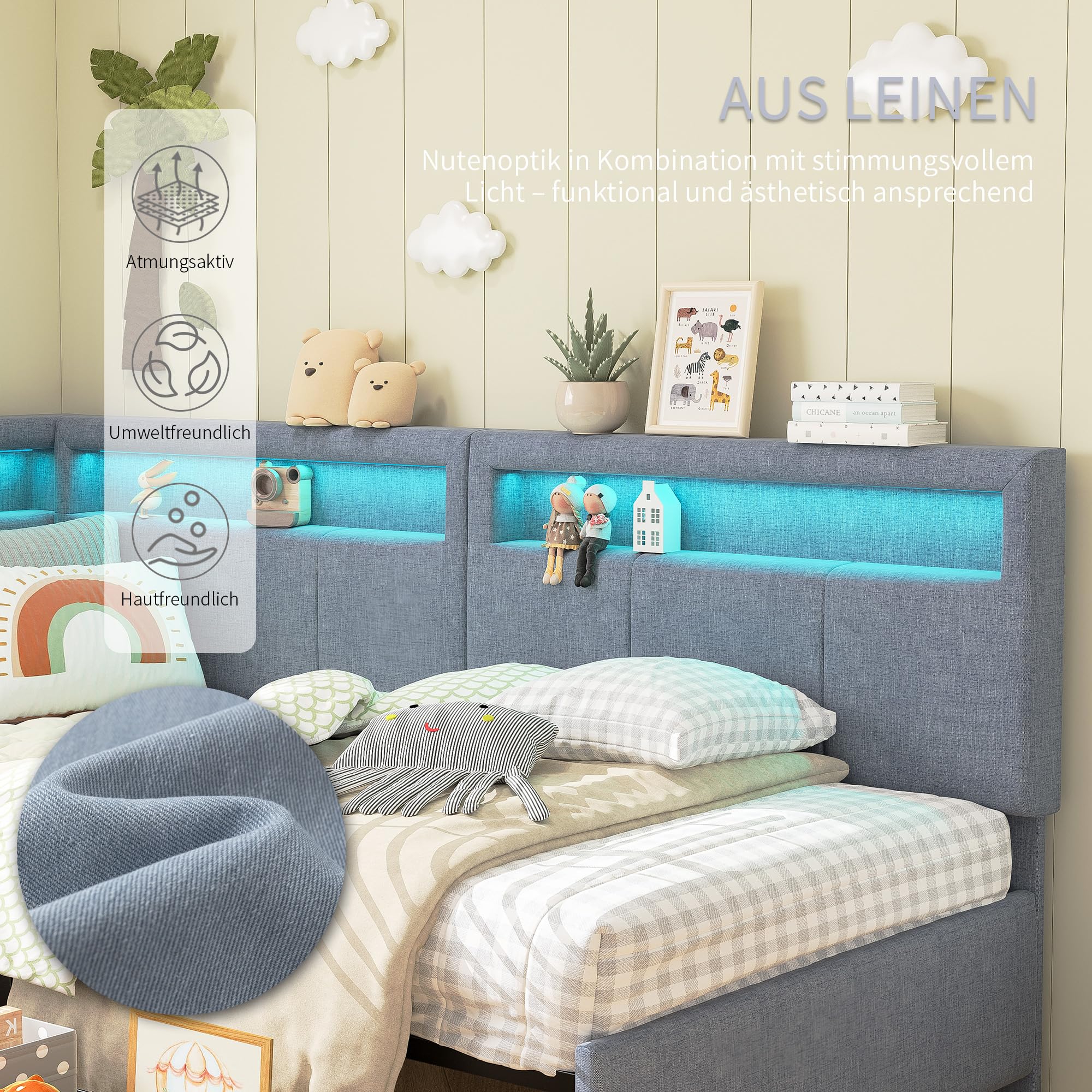 Letto angolare imbottito 90x200 cm con illuminazione a LED e USB-C, divano letto a L con 2 cassetti e ripiano contenitore, letto funzionale con base a doghe