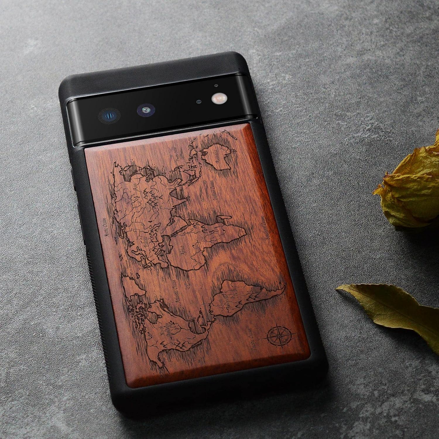 Carveit Wood Case for Pixel 6 Case [Natural Wood & Black Soft TPU] Shockproof Protective Unique & Classy Wooden Cover Compatible with Google Pixel 6 (Compass Maps-Rosy)