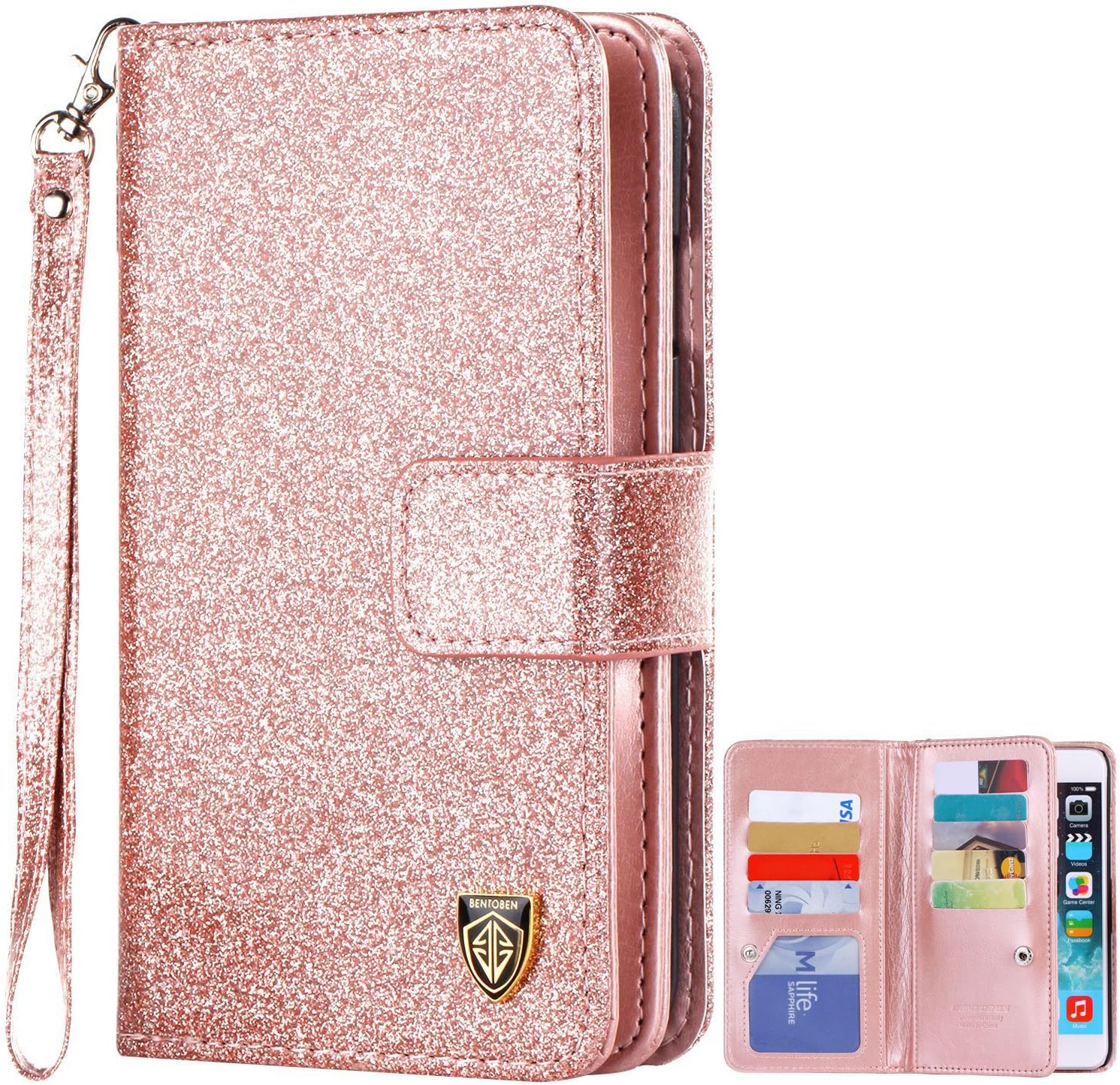 iPhone 6S Case,iPhone 6 Wallet Case,BENTOBEN Shiny Bling Folio Style Wallet Case Credit Card Slots Cash Holder Wrist Strap Magnetic Premium Protective PU Leather Flip Cover for iPhone 6S/6, Rose Gold
