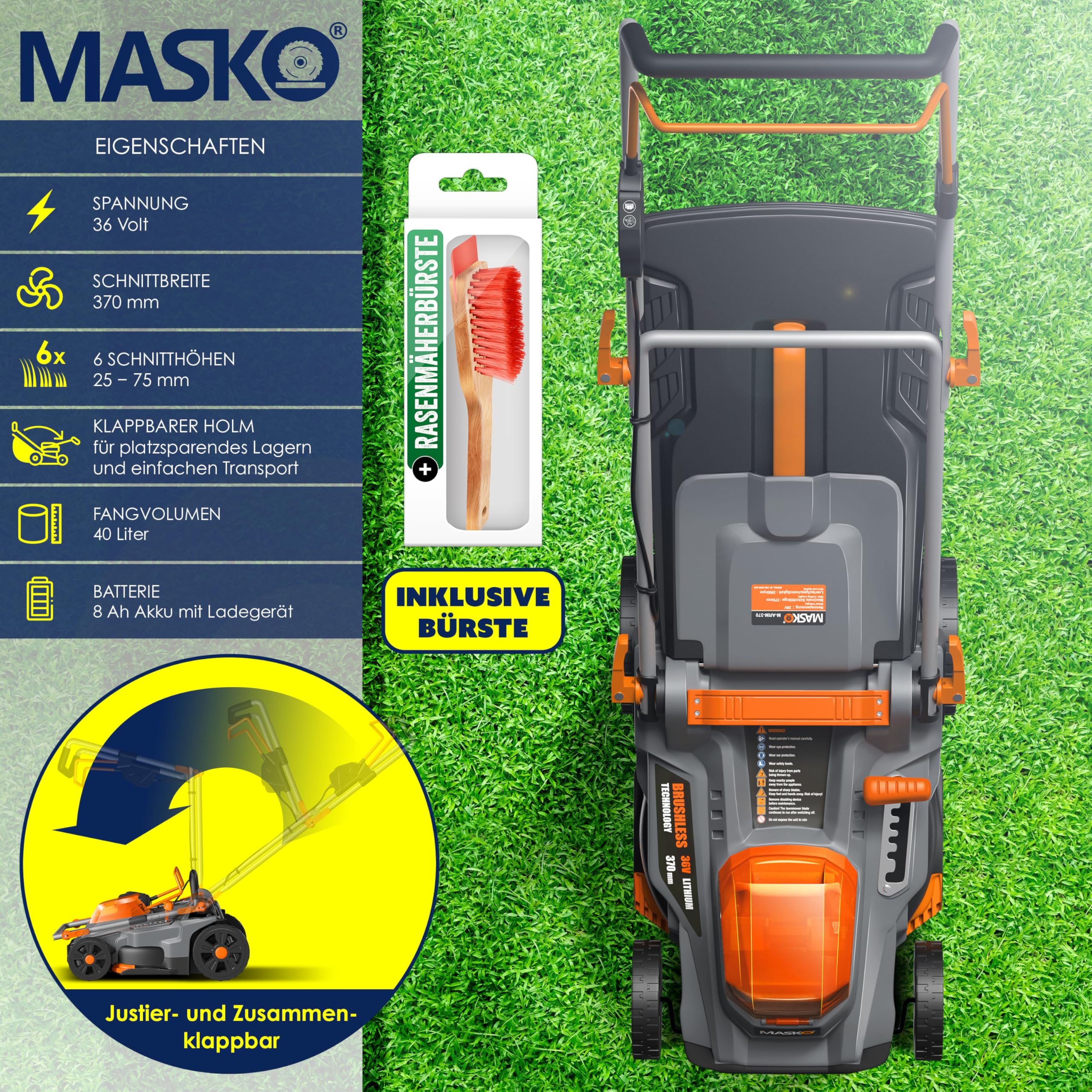 MASKO® Akku Rasenmäher mit Mulchfunktion, 2X Akkus Li-Ion Batterie 4Ah & Doppel-Ladegerät Rasentrimmer 37cm Schnitt-Breite 6X Höhenverstellbar 40L Fangkorb Flächen bis 600m² inkl. Handschuhe & Bürste