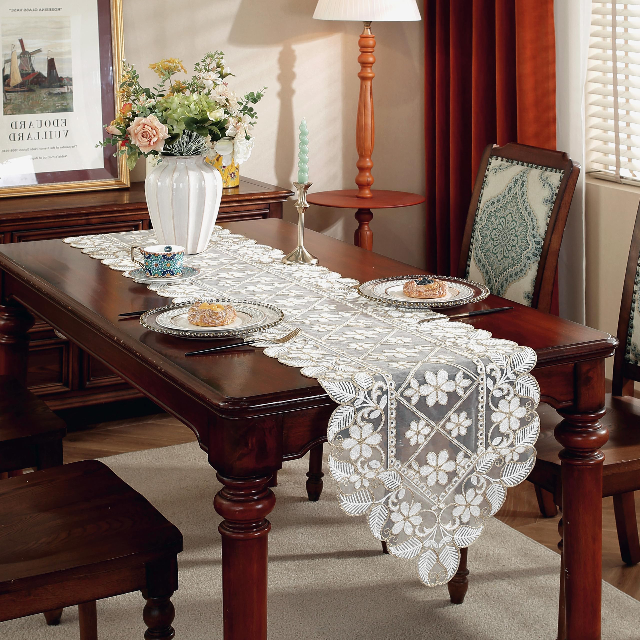 Azonee Table Runner - White Lace Long Retro Floral Embroidery Boho Runner for Dresser, Dining, Bedroom & Kitchen Table Decor - 40*180cm