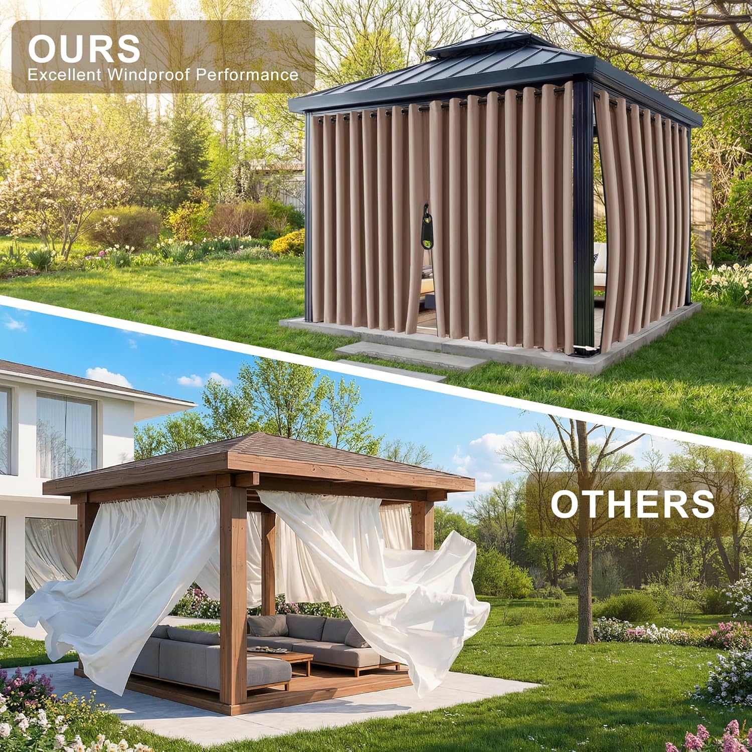 RYB HOME Fade-Resistant Outdoor Curtains for Patio Waterproof with Zipper Back Tab Bottom, Windproof Sun Blocking Privacy for Gazebo Porch Pergola, Mocha, W 52 x L 96, 2 Panels