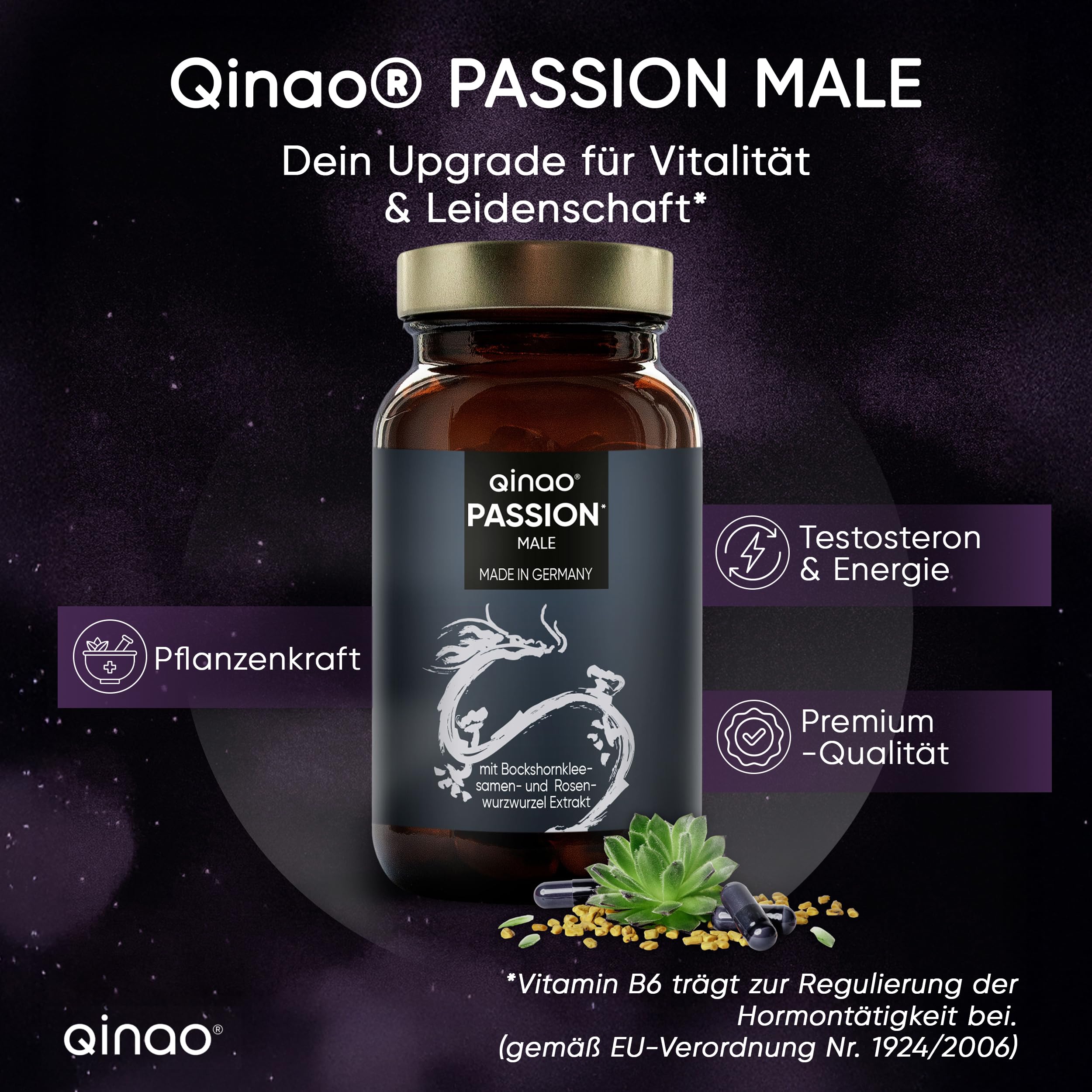 PASSION MALE – Komplex mit L Arginin, Citrullin & Bockshornklee – Mit Zink & Selen für den Erhalt eines normalen Testosteronspiegels – 90 Vegane Kapseln – Ohne künstliche Zusätze