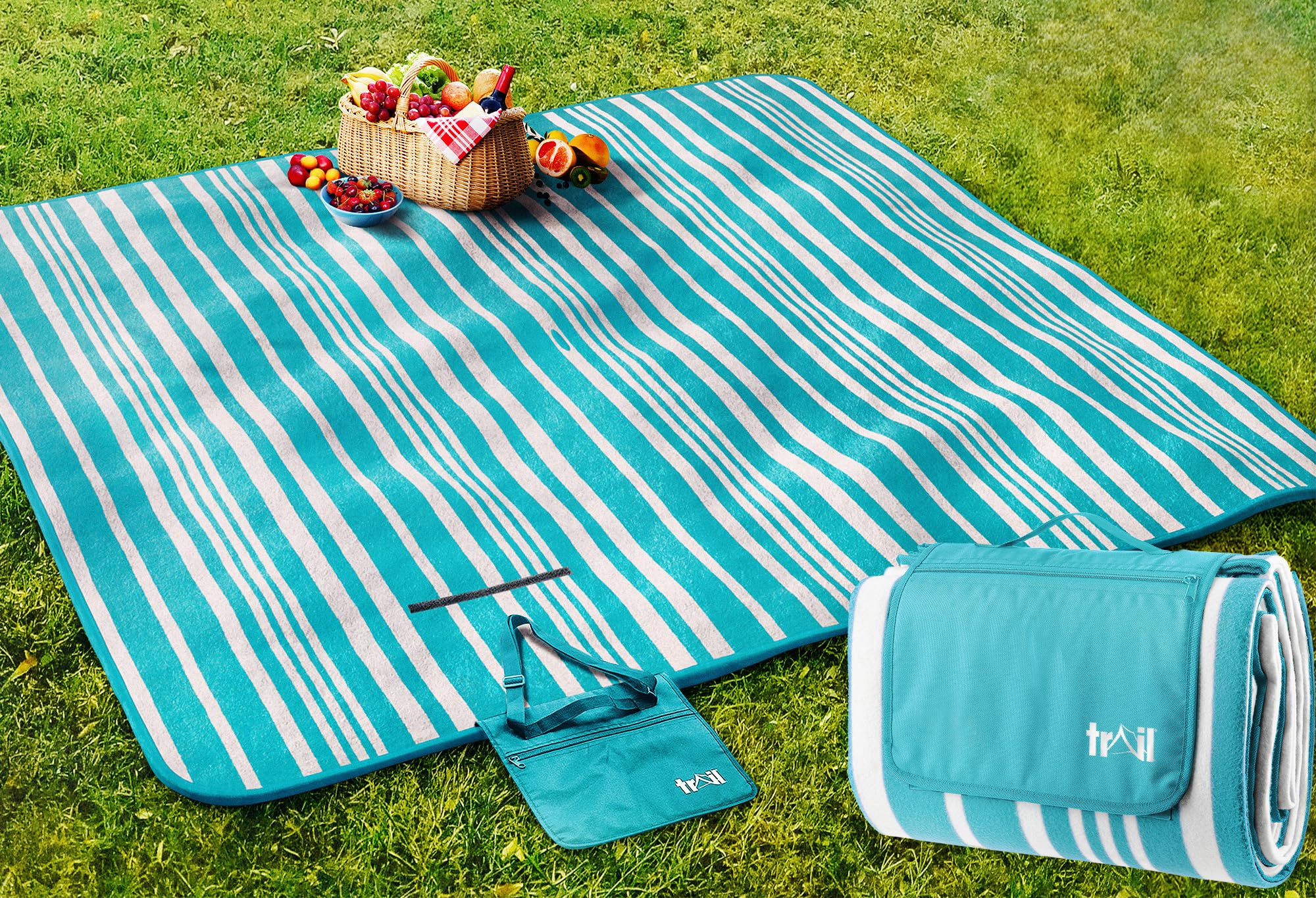 Trail Large Picnic Blanket, Soft Fleece Rug, Waterproof Backing, Foam Insulation, Fleecy Top, Parasol Slit, Peg Points, Cover with Strap, Portable Camping Garden Beach Mat (Turquoise 2m x 2m)