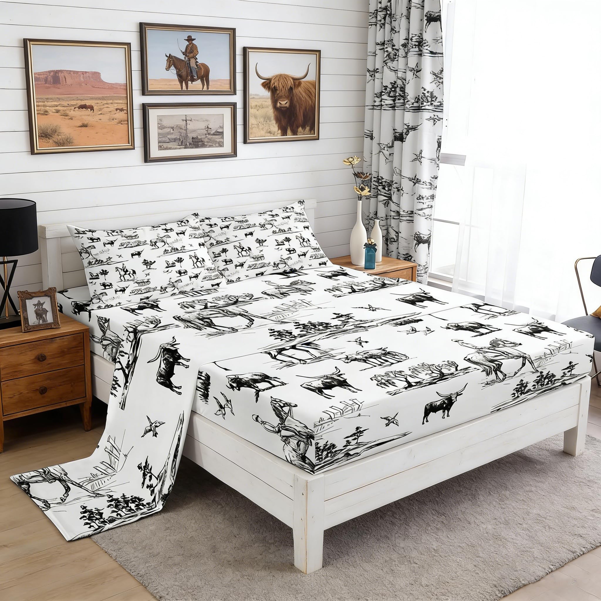 Western Sheet Set Twin Size Sketch Cowboy Cow and Horse Bedding Set 3Pcs Farm Animal Bed Sheet for Kids Boys Girls Adult Room Decor Black White Rustic