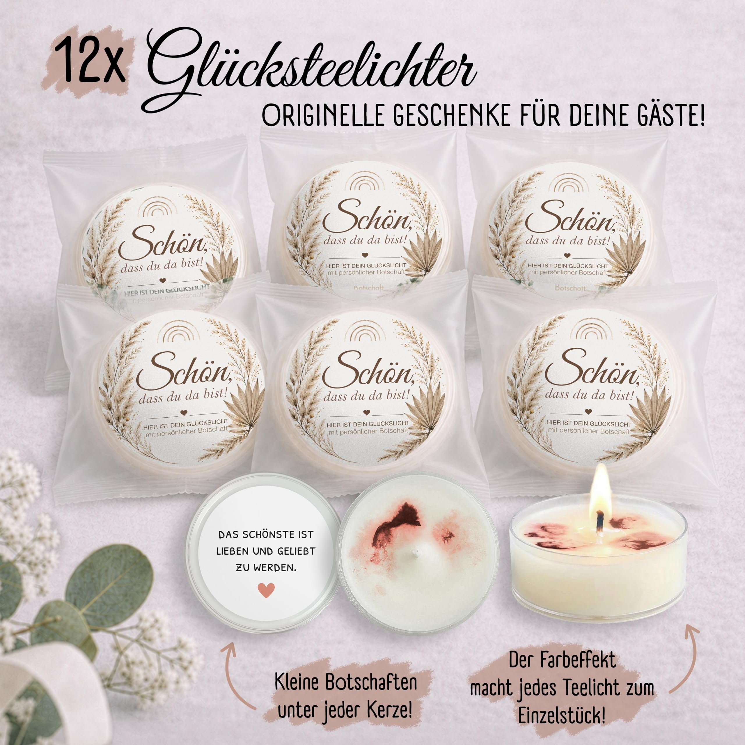 Gastgeschenke Hochzeit 36x Teelichter mit Spruch Schön dass du da bist | Boho Bohemian Stil, Hochzeit vegane Mitgebsel, Tischdeko, Gastgeschenk für Gäste, wie Glückskekse,handgemacht in Berlin