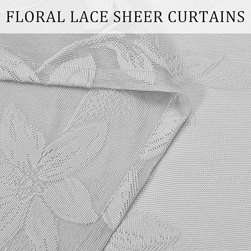 Miniatura 4 de DWCN Cortinas traslúcidas cortas grises para cocina, diseño de encaje floral, bolsillo para barra, cortinas traslúcidas de gasa para ventana, sala