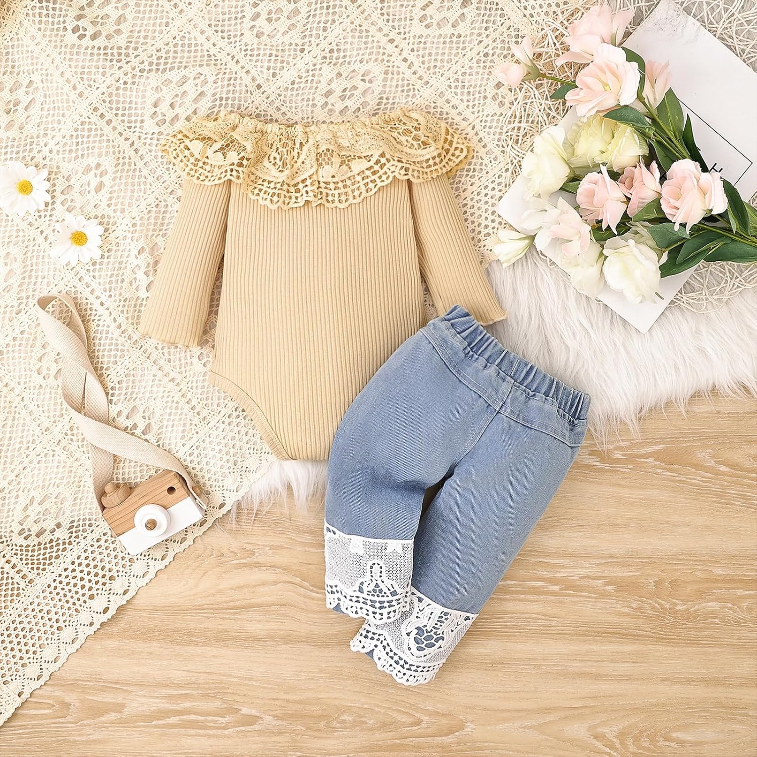 Baby Girl Clothes Toddler Outfit Infant White Lace Romper Long Sleeve + Jeans Pants Clothing Set - Image 3