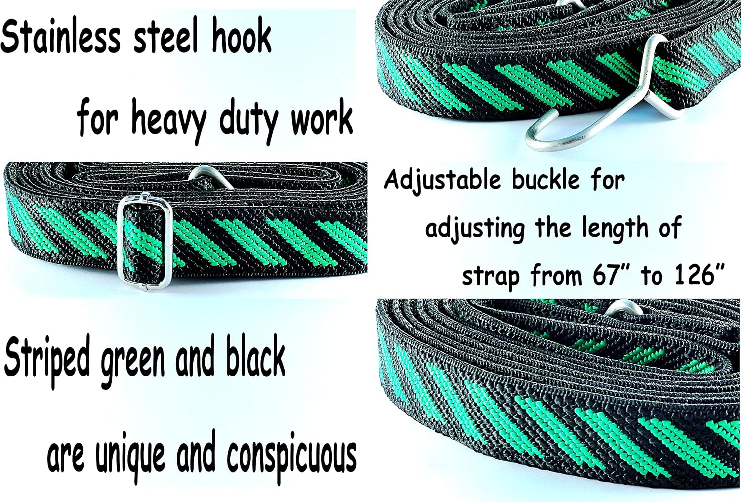 Flat Bungee Cord with Steel Hooks Adjustable Length 67"-126", Heavy Duty Bungee Strap for Outdoor Bikes, Gardening, Camping, Trucking, Hand Carts (Green & Black)