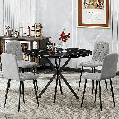 Miniatura 6 de DKLGG Juego de mesa redonda de comedor para 4, mesa de comedor de mármol sintético de 39 pulgadas con sillas tapizadas de terciopelo, juego de mesa