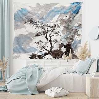 Sponsored Ad - Ambesonne Japanese Tapestry, Depiction of Pine Tree Landscape on Hill Mountain with Rough Blasts, Wide Wall...