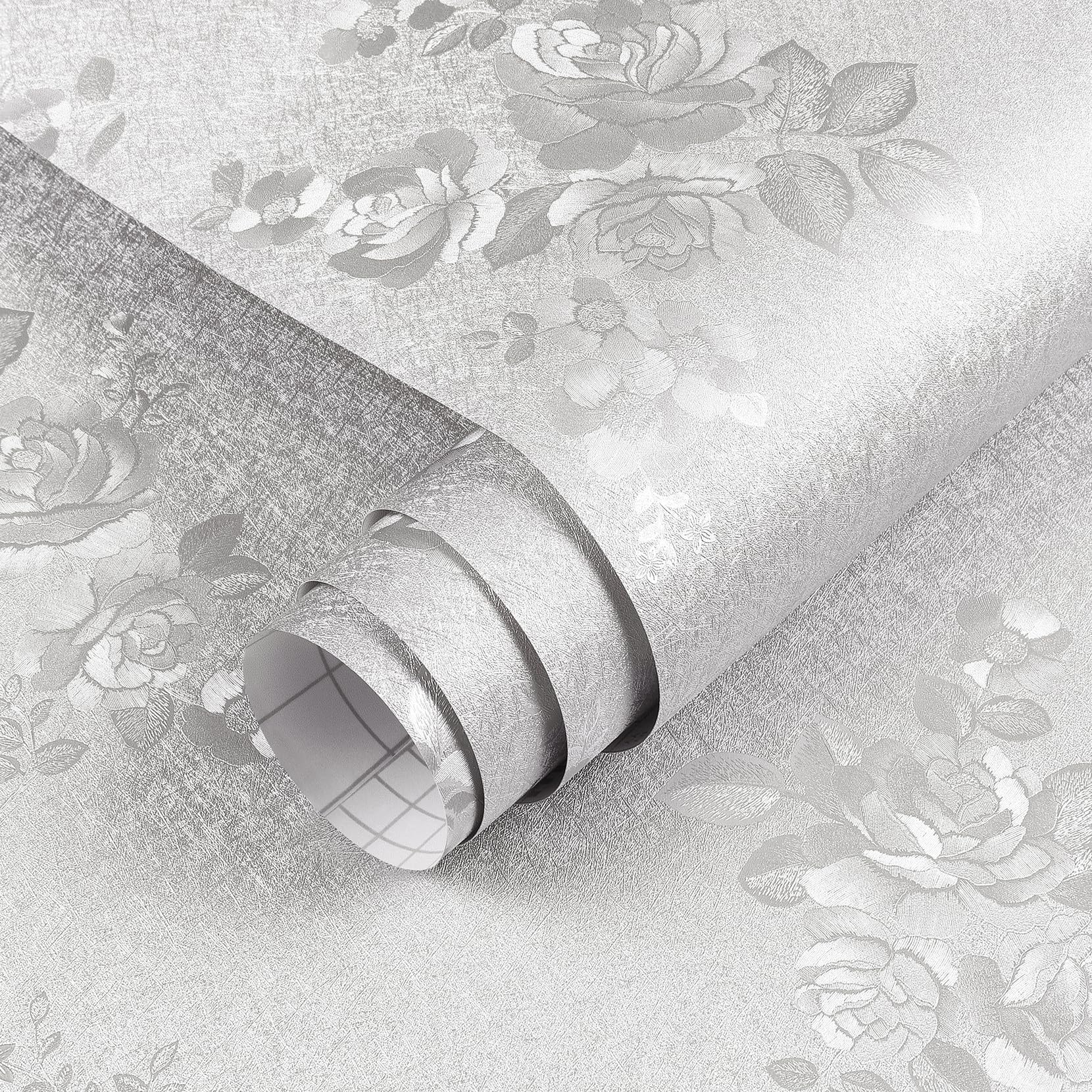 ReWallpaper Silver Grey Wallpaper Peel and Stick Silk Floral Wallpaper for Bedroom Removable Grey Contact Paper Self Adhesive Textured Embossed Flower Wall Paper for Bathroom Living Room 17.5inX10ft