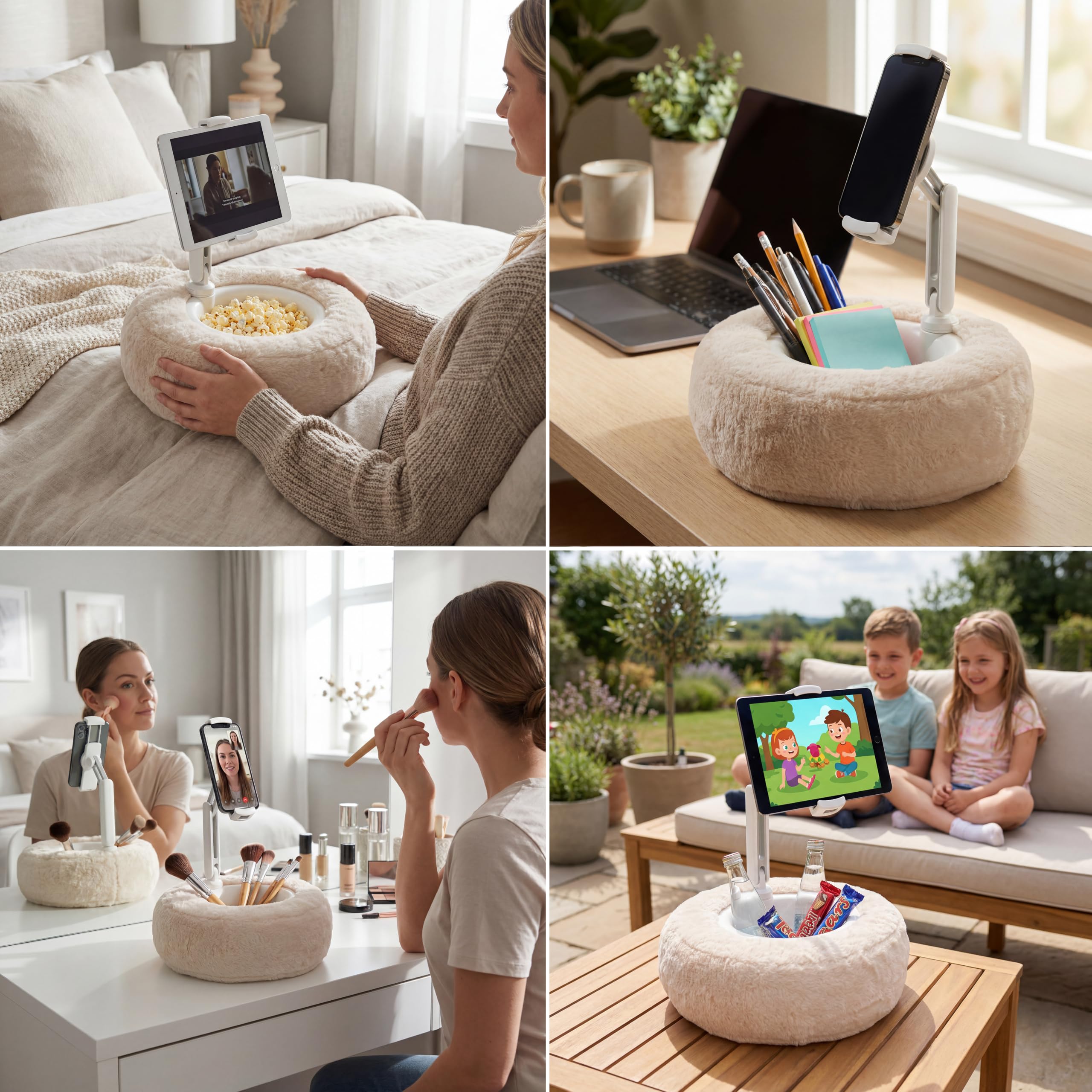 hjh OFFICE Handy und Tablet Halterung Kissen COMFILAP II Handyhalterung 360° drehbar, 180° neigbar, Geräte bis 21 Zoll, Stoff Beige, 930004