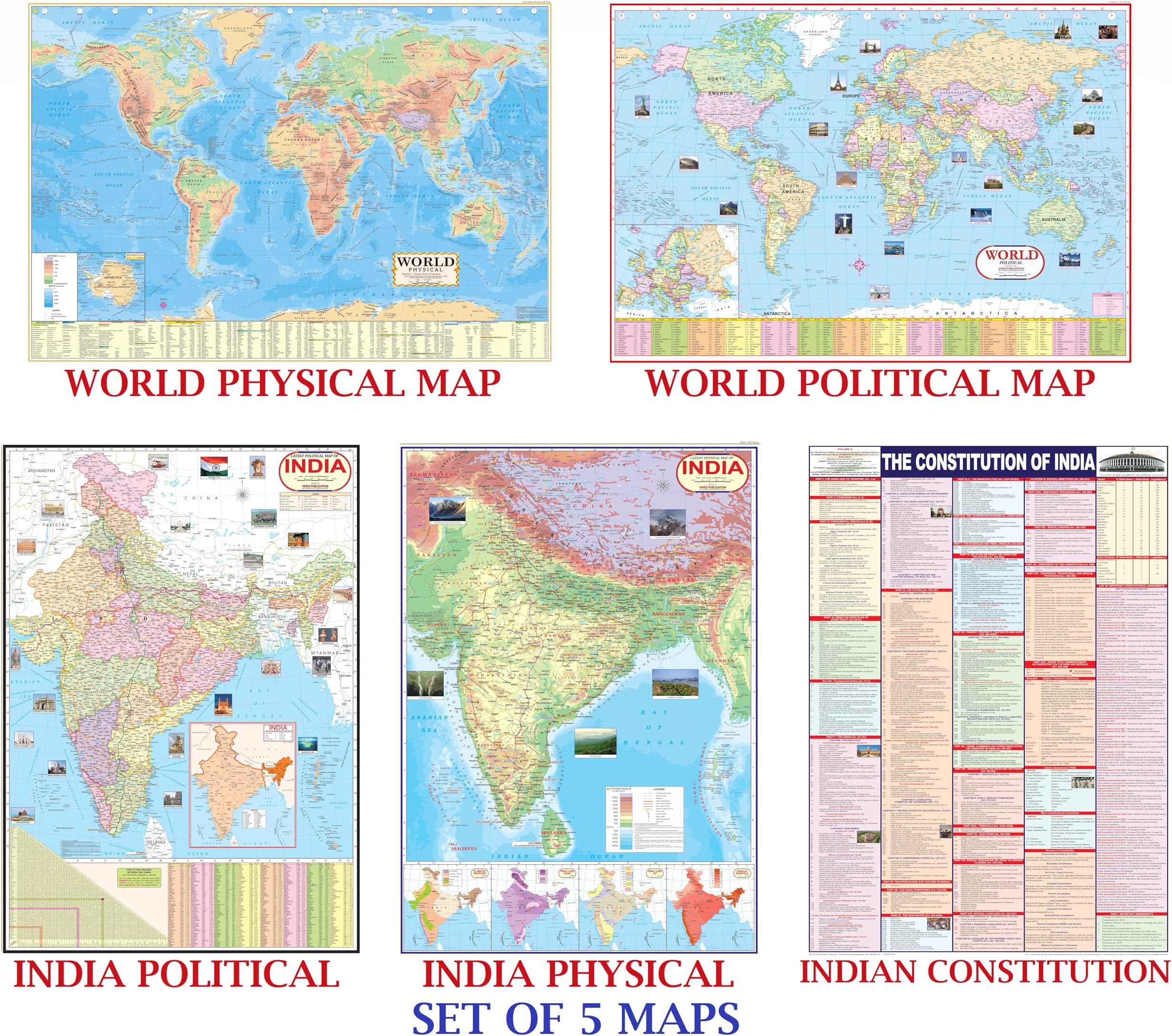 India & World Map ( Both Political & Physical ) & India Constitution Chart | Set Of 5 | Map Size - 70X100 cm | Use For Preparation Of UPSC , SSC , IES , etc Exams.