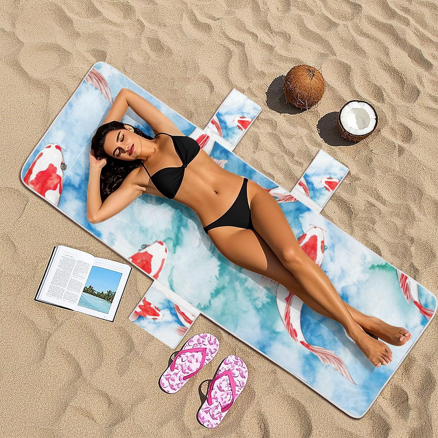 Watercolor Red Koi Fish Circular Chaise Lounge Chair Covers Towel Pool Beach Towels with Pockets Washable Beach Lounger 85 x 30 Inch