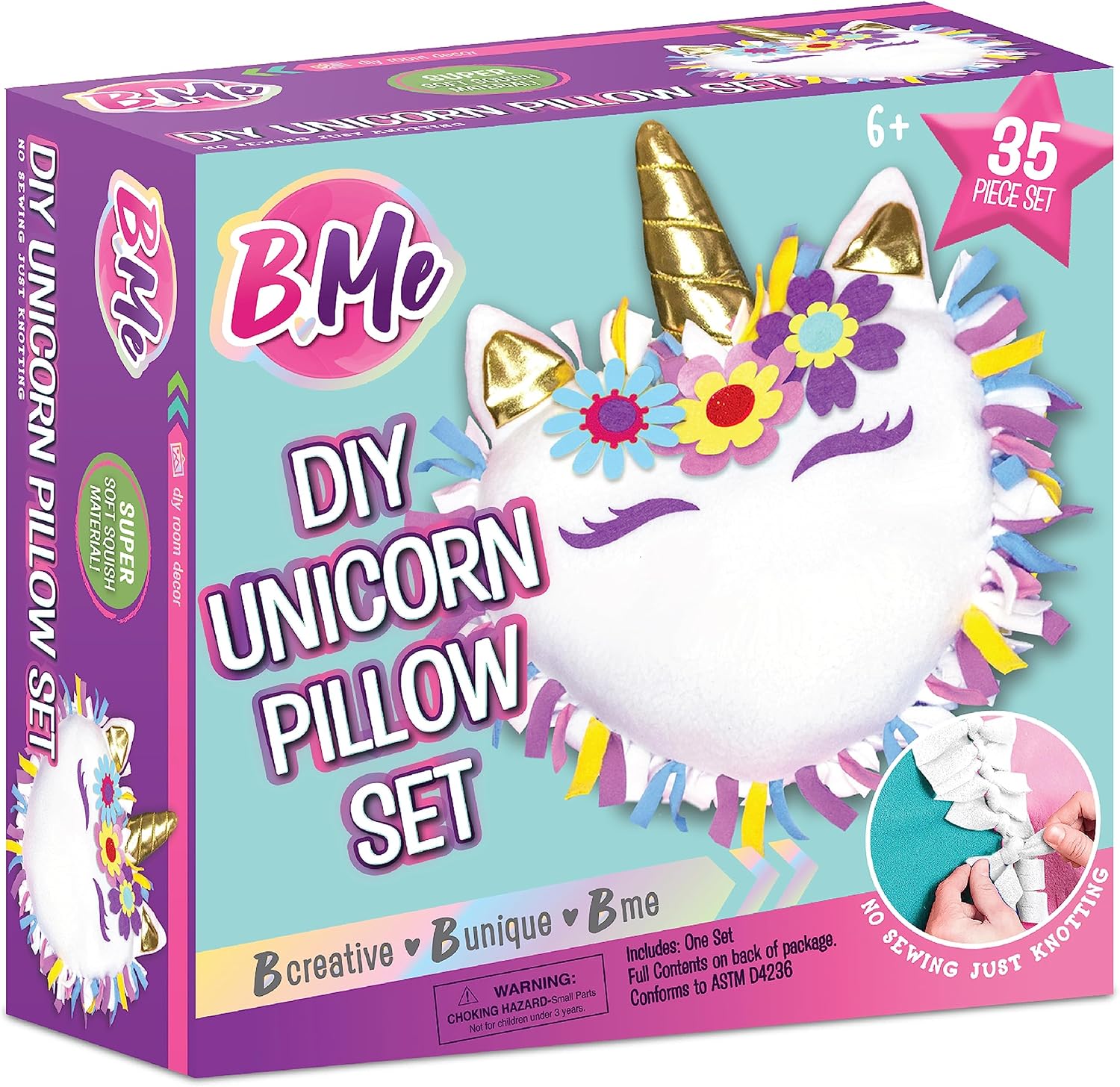 DIY Unicorn Pillow Kit for Girls - No Sew Unicorn Pillow - Make Your Own Pillow Set for Kids - Arts and Crafts Unicorn Gift for Girls - DIY Knot-a-Pillow for Girls - Ages 6+