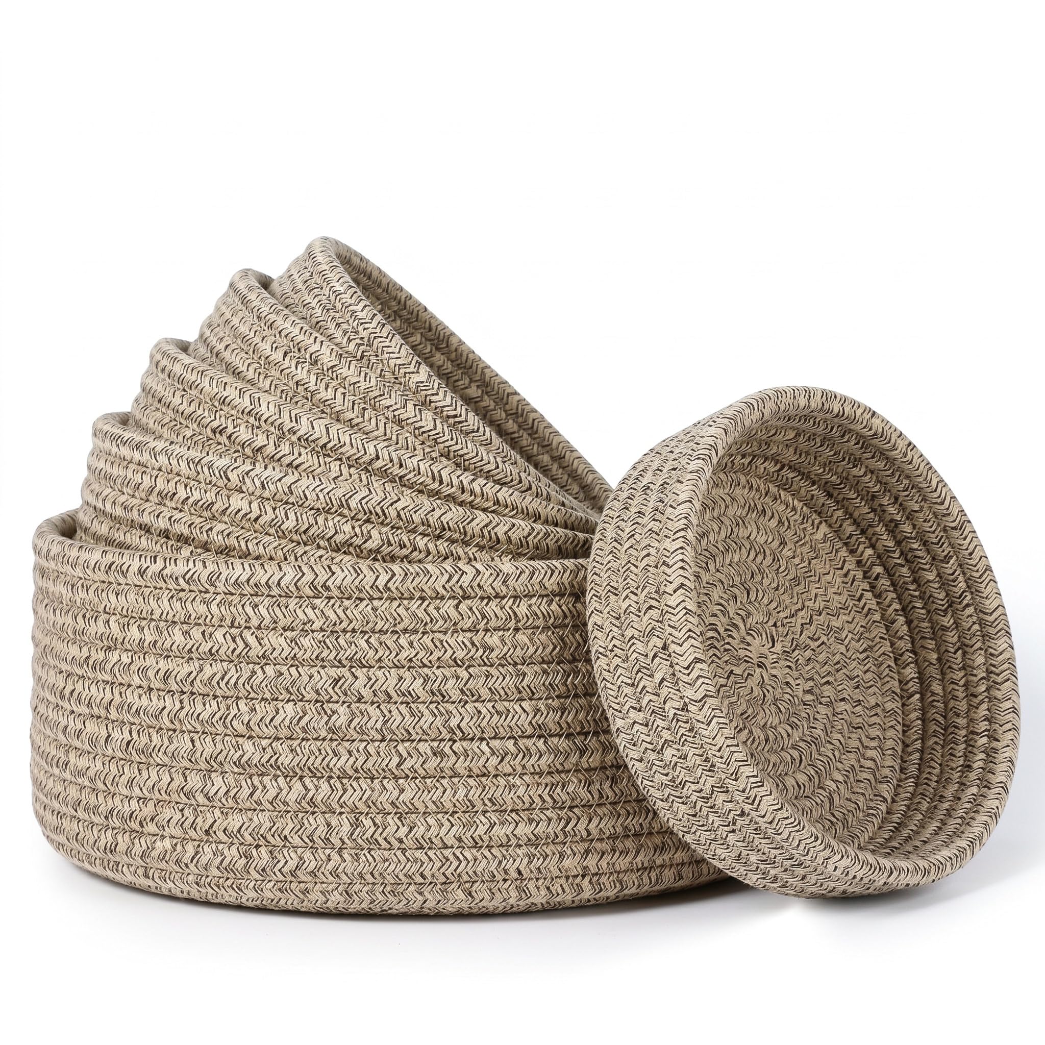 6 Pack Woven Storage Baskets for Organizing, Cotton Rope Baskets for Shelves, Cute Colorful Cubby Round Bins, Home Decor Closet Organizer (Brown)