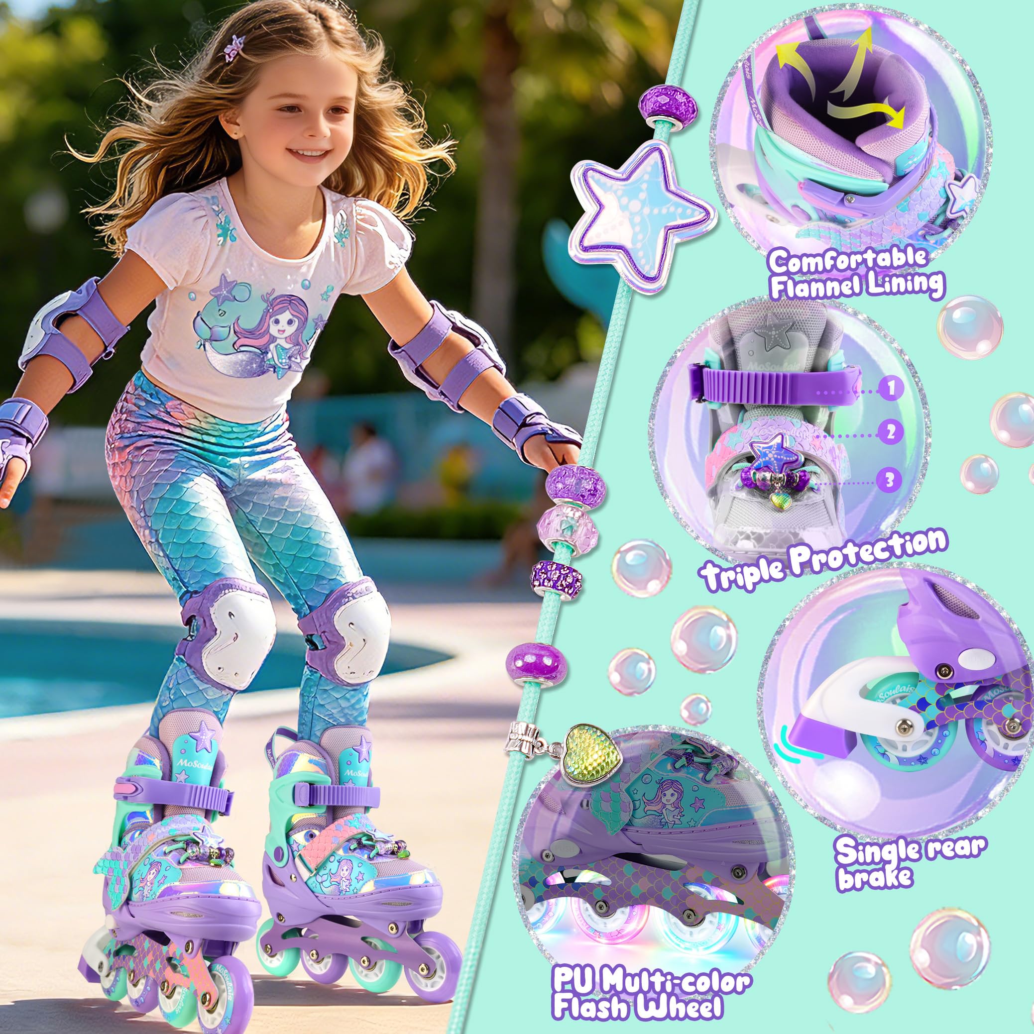 Sirène Patins à roulettes Filles Rollers en Ligne Réglables Tailles Ajustables pour Débutants Filles Garçons Cadeau d'anniversaire Noël