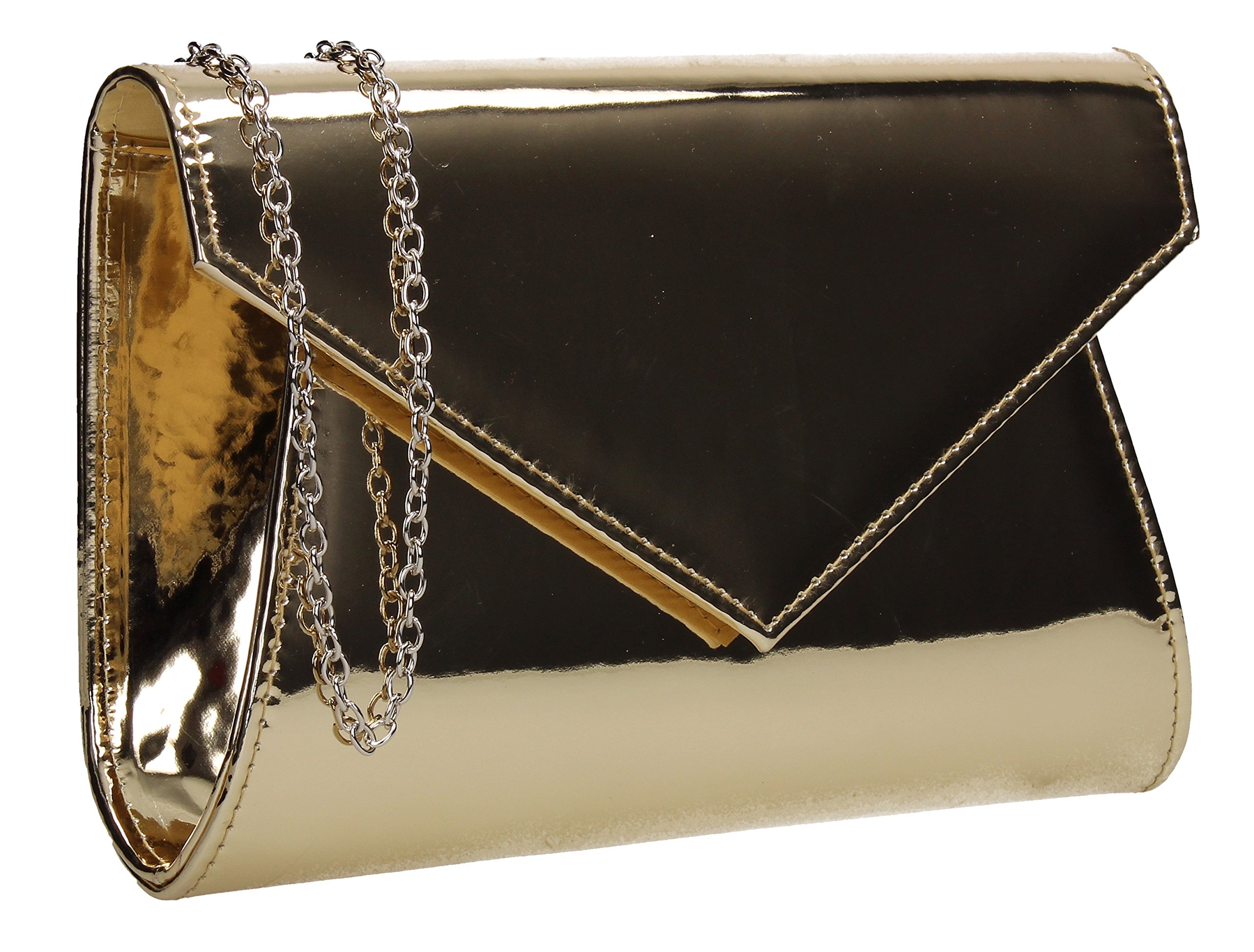 SwankySwans Lenny Metallic Envelope Patent Leather Womens Party Prom Wedding Ladies Clutch Bag - Gold