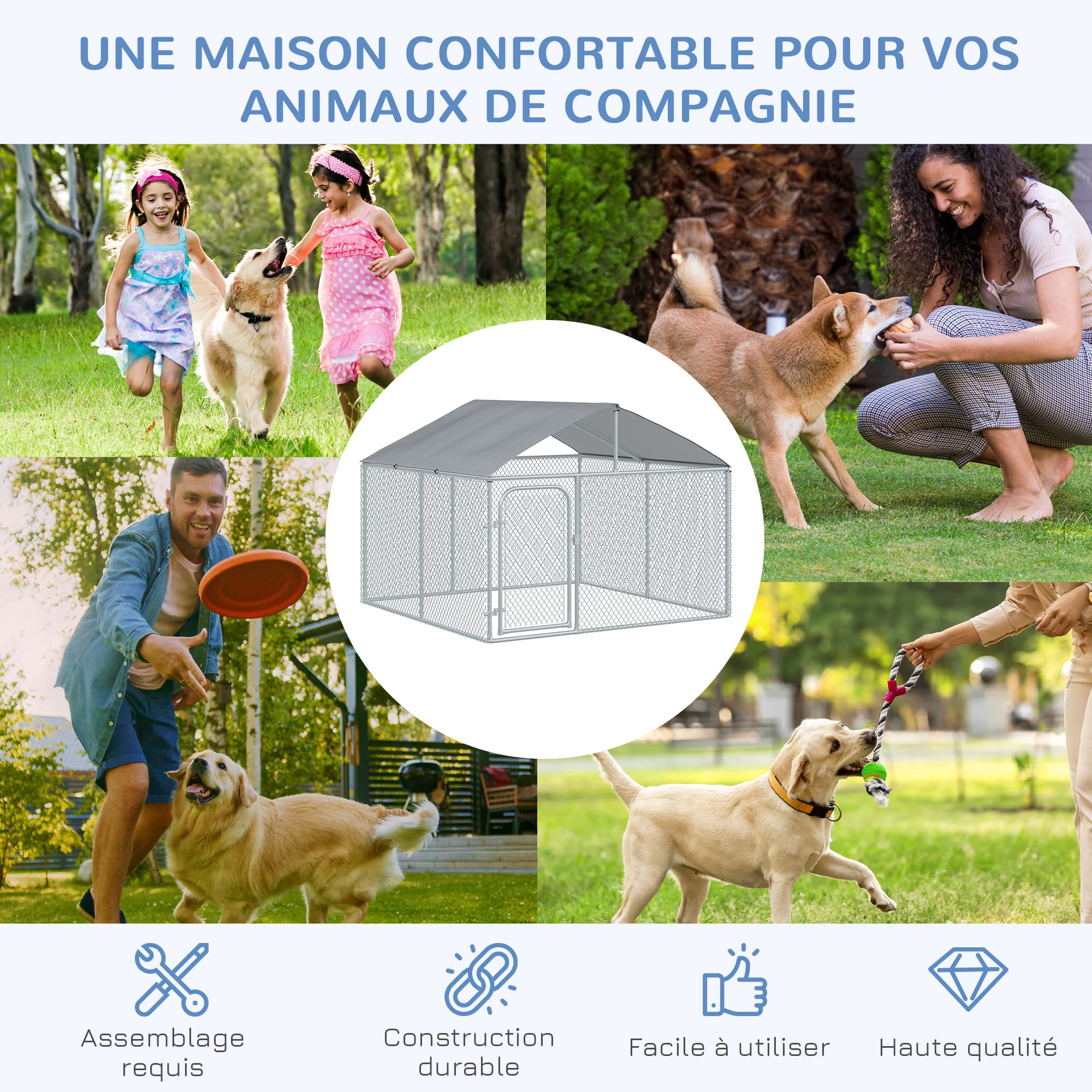 PawHut Chenil extérieur avec Toit pour Chien 5 m² - Parc grillagé 230 x 230 x 175 cm - Espace Couvert - Acier galvanisé