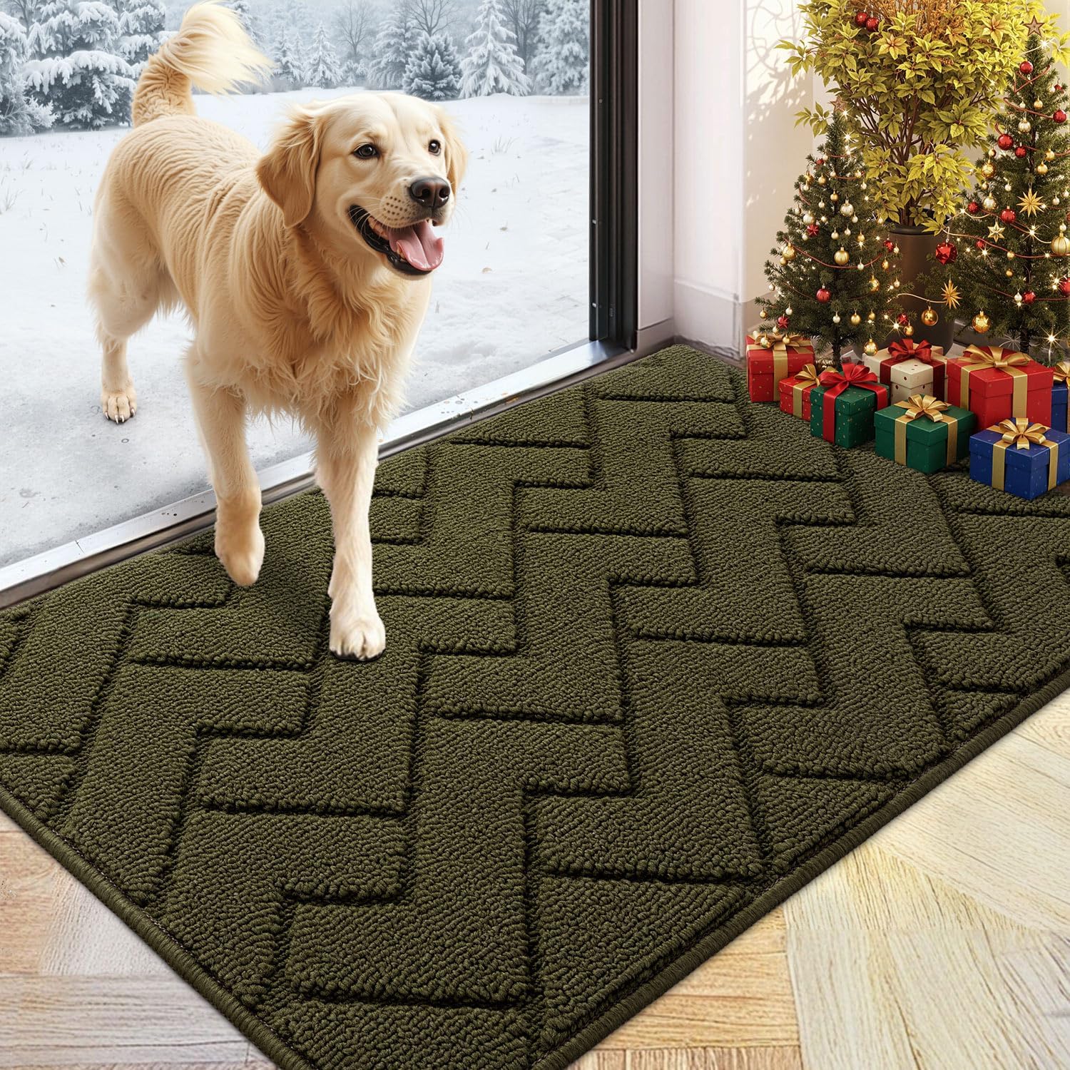 hicorfe Front Door Mat Outside Entrance,24"x35" Absorbent Muddy Dirt Resist Welcome Door Mats Outdoor Indoor,Stain and Fade Resistant,Non Slip Backing Entry Mat Doormat for Entryway (Oliver Green) Oliver Green 35" x 24" (Rectangular)