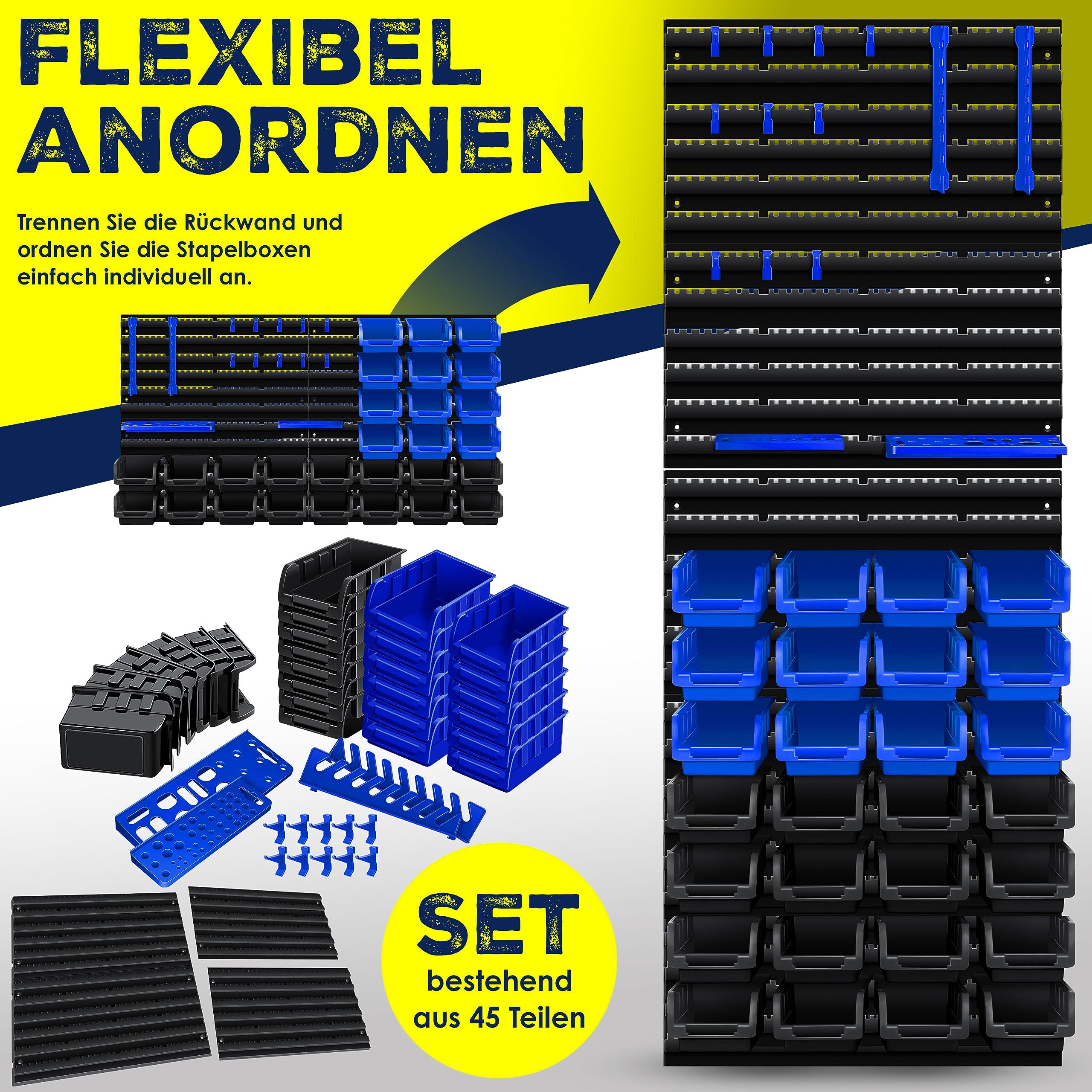 MASKO® Stapelboxen + Wandregal + Werkzeughalter 45-teiliges Set Box erweiterbar Sichtlagerkästen Schüttenregal Steckregal, Hängeregal Sortimentskasten Kleinteilemagazin Werkstatt-Regal Schwarz/Blau