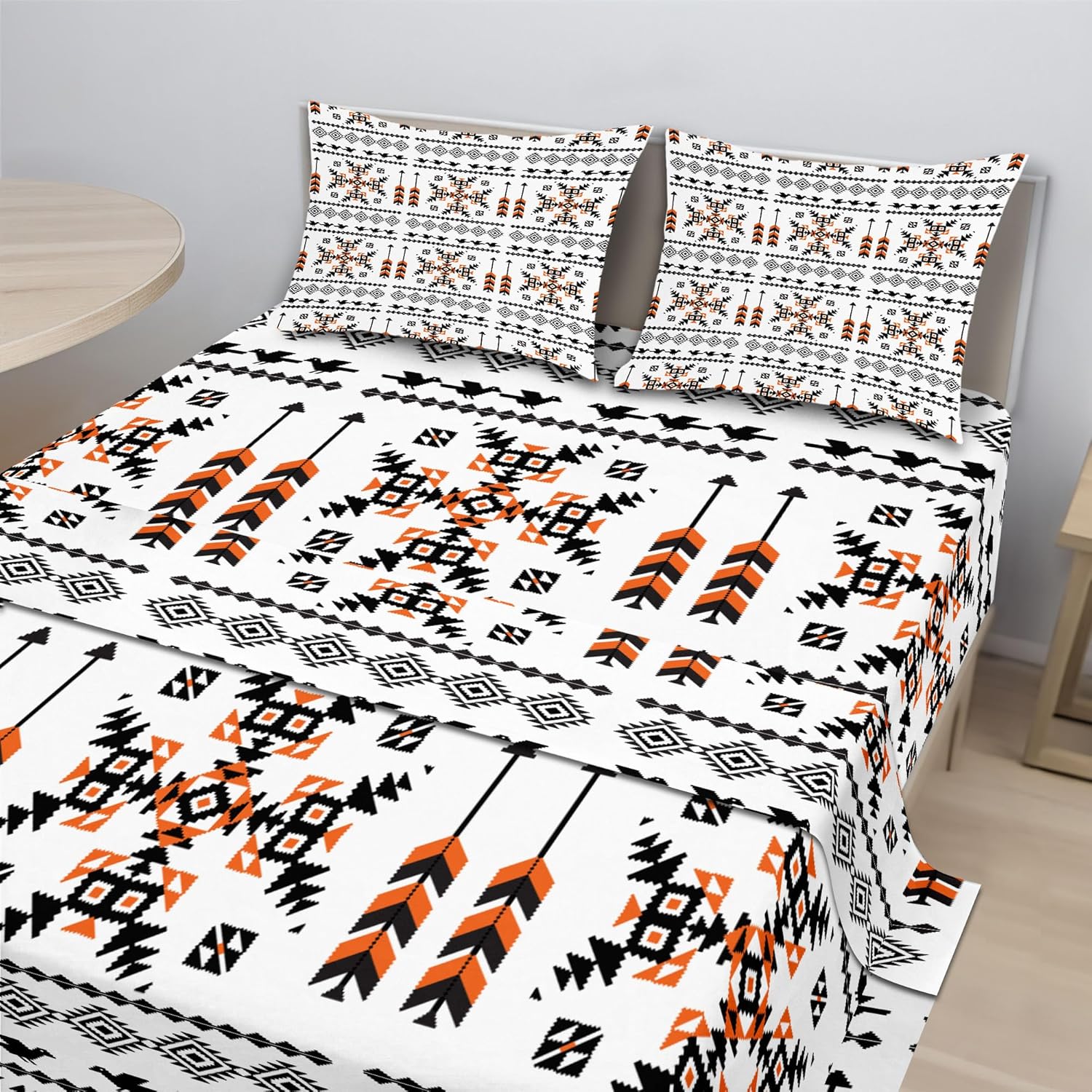 Ambesonne Tribal Sheet Set, Pattern Composition with Birds and Arrows Geometric Design, Fitted and Flat Sheet with Pillowcases Bedding Accent 4 Piece Set, King, Orange Black White