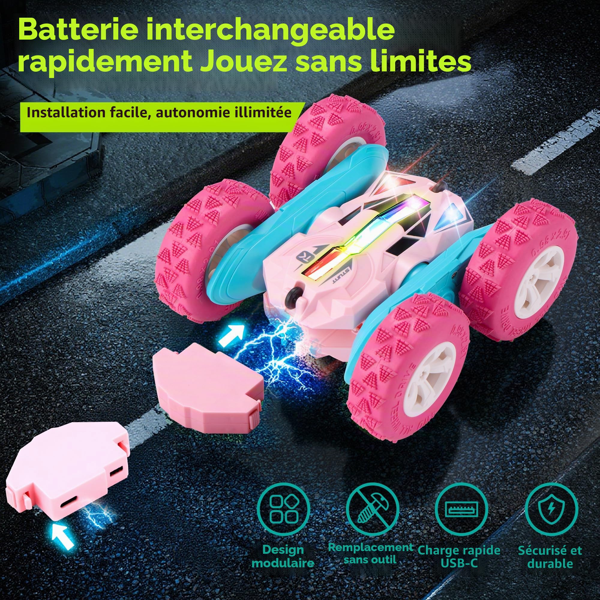 Threeking Voiture Télécommandée Enfant RC à Cascades Rose Fille dès 6 Ans