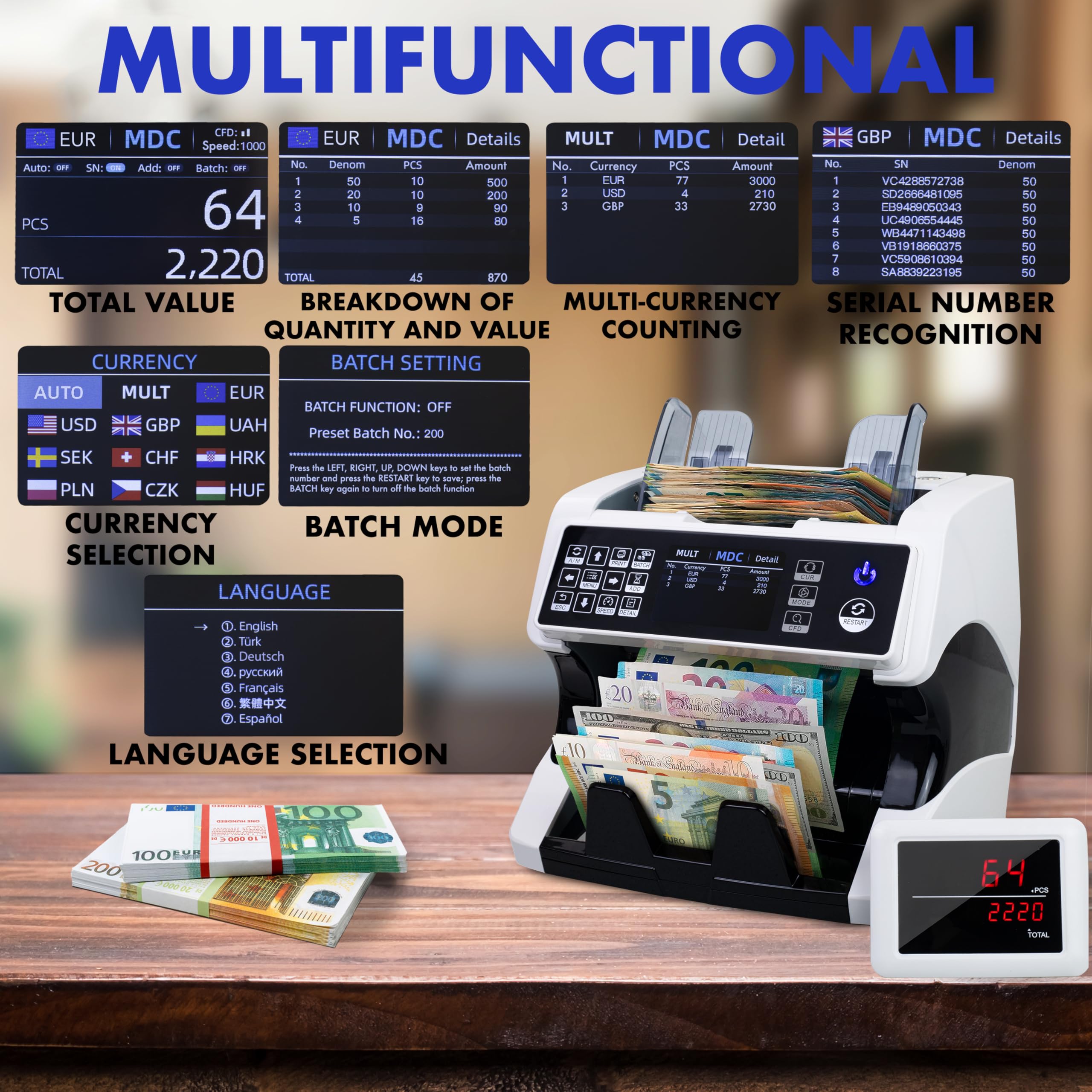 MV-500 Compteuse de billets de banque mixtes Bundle avec Jubula MPR-1 | EUR USD GBP etc. | Sûr | Exact | Compteur de valeurs pour billets mixtes