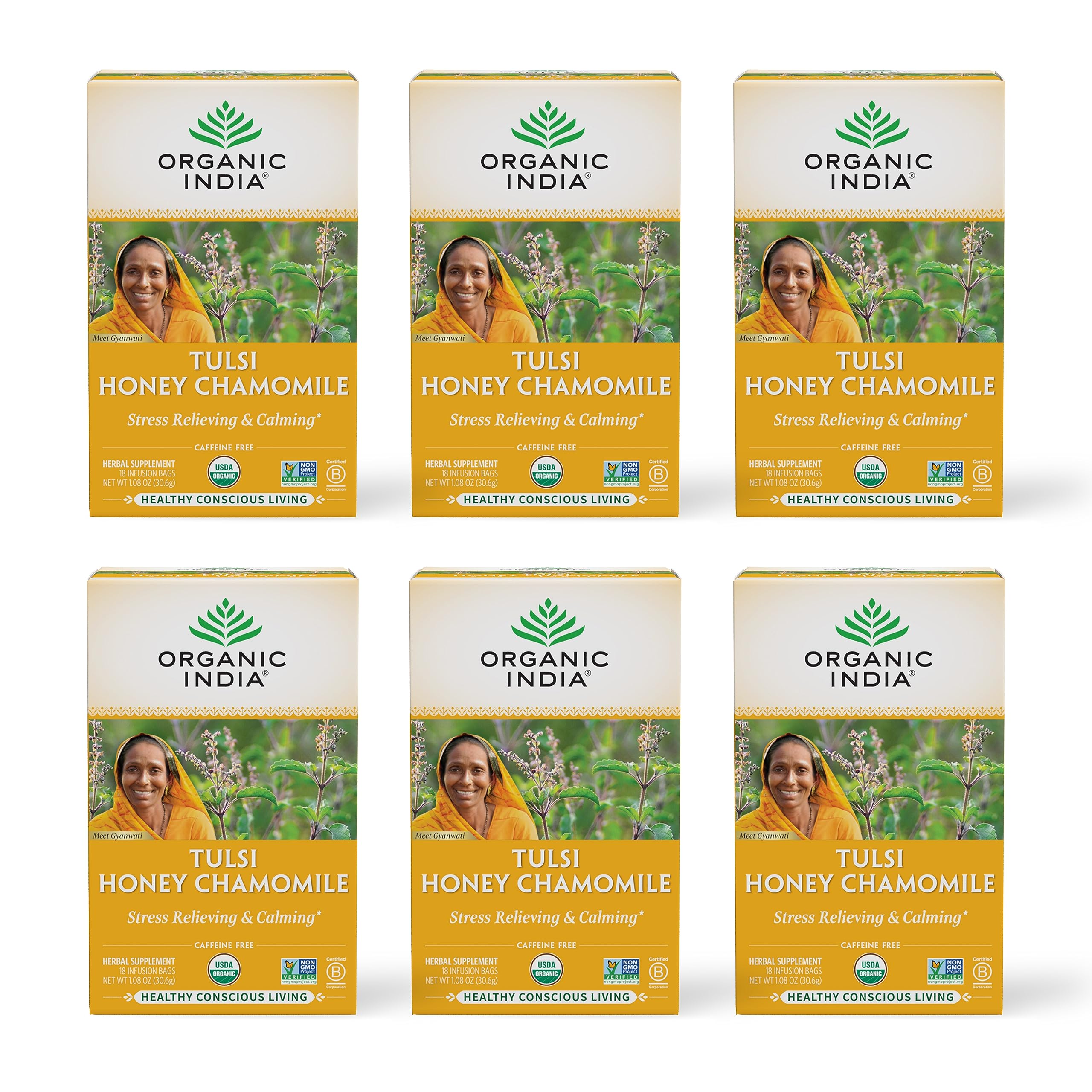 ORGANIC INDIATulsi Honey Chamomile Tea Bags - Herbal Tea for Stress Relieving & Calming, Immune Support, Adaptogen, Gluten-Free, USDA Certified Organic, Caffeine-Free - 18 Infusion Bags, 6 PackUSDA Organic
