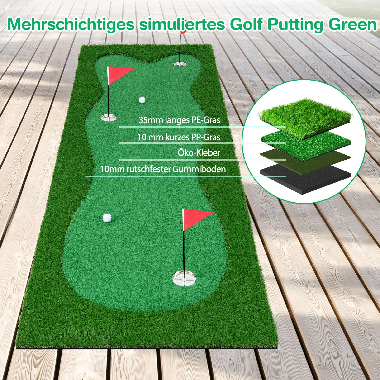 GYMAX Golf Übungsmatte 3 x 1 m, professionelle Golf Trainingsmatte mit 2 Golfbällen, 3 Golfbechern & 3 Löchern, Golfmatte mit 3 Flaggen, Puttingmatte für den Innen- & Außenbereich