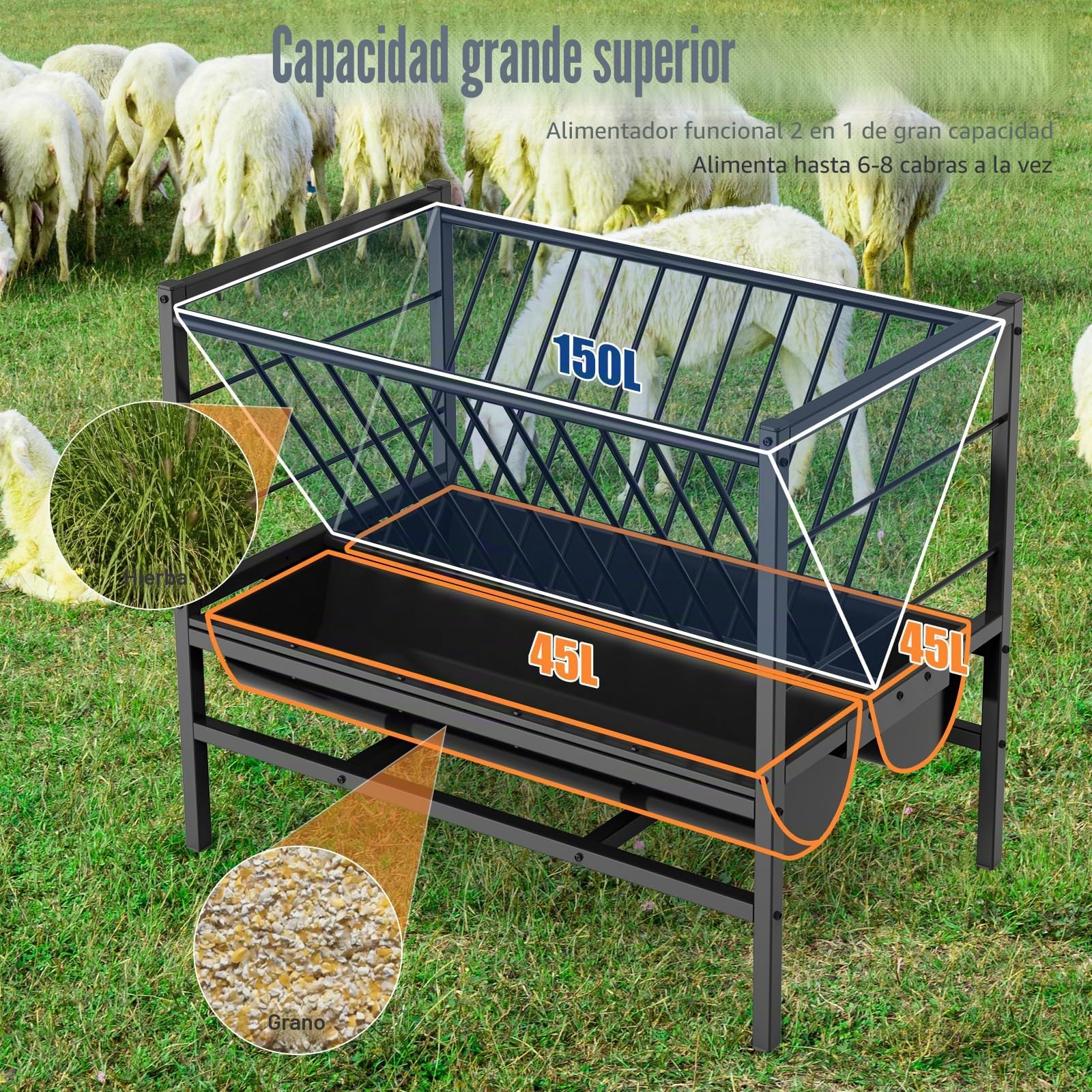 Gran Comedero de Heno para Caballos 2 en 1 Comedero de Heno y Granos/Sal Acero Galvanizado Porta Heno para Ovejas Dispensador de Pienso para Puestos y Corrales 107*65*90cm