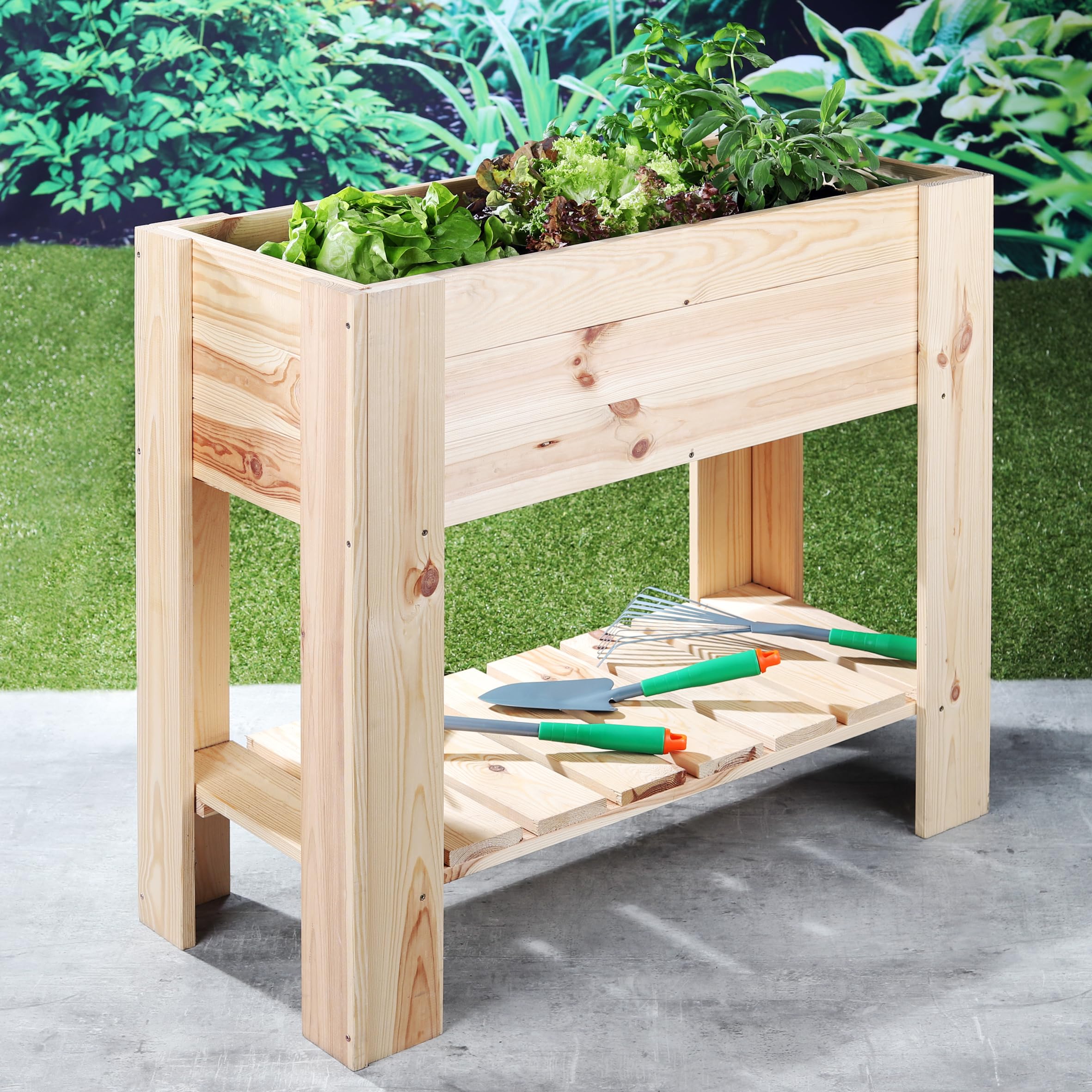 Haushalt International Hochbeet Pflanzkasten Kräuterbeet aus unbehandeltem Holz mit Ablage 62905 | Unbehandeltes Holz, Mit Ablage, Kräuterbeet