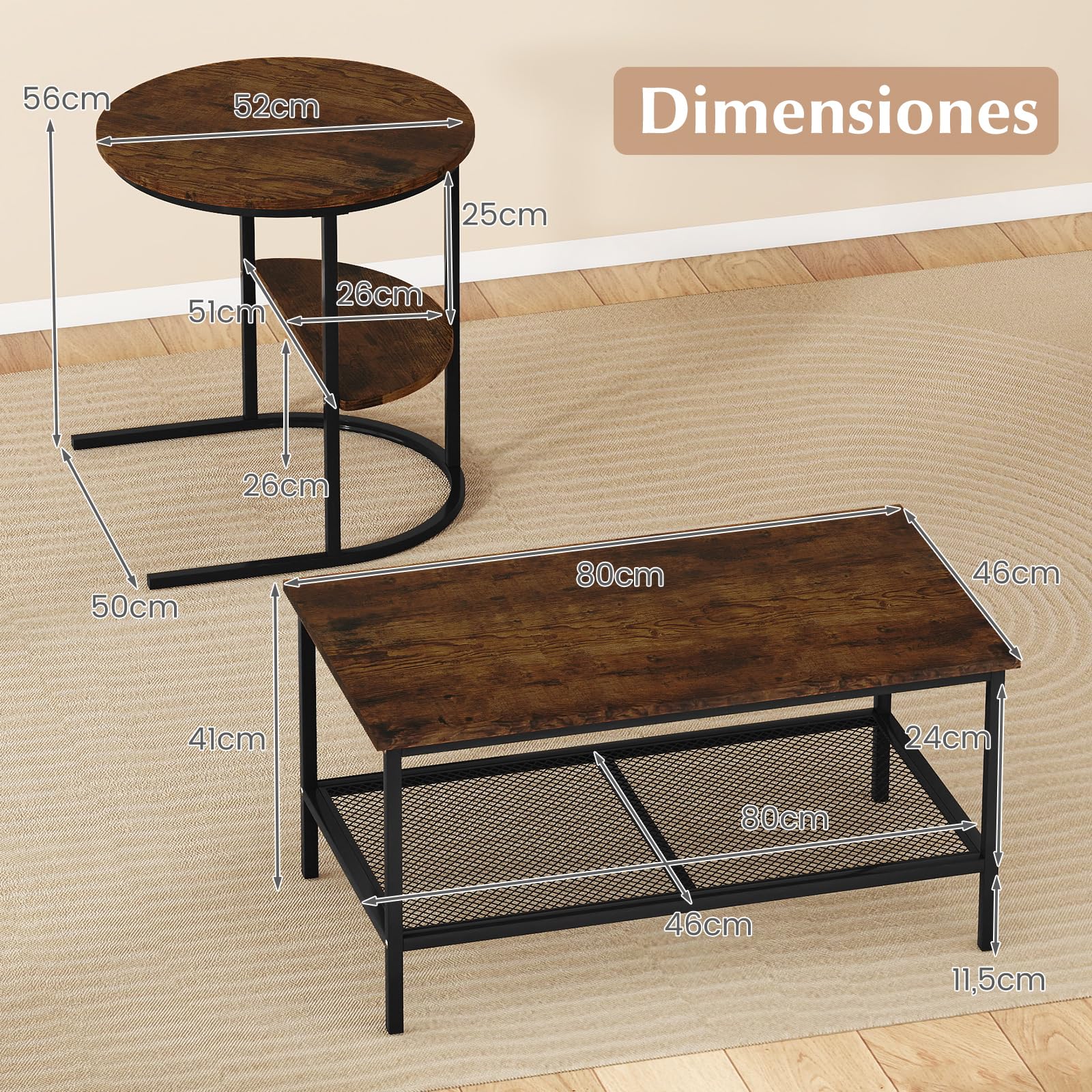 COSTWAY Juego de Mesa de Café 2 en 1, Mesa Redonda y Juego de Mesita Rectangular con Tapa de Mármol Sintético y Estante de Almacenamiento Adicional, para Sala de Estar, Dormitorio (Negro y Marrón)