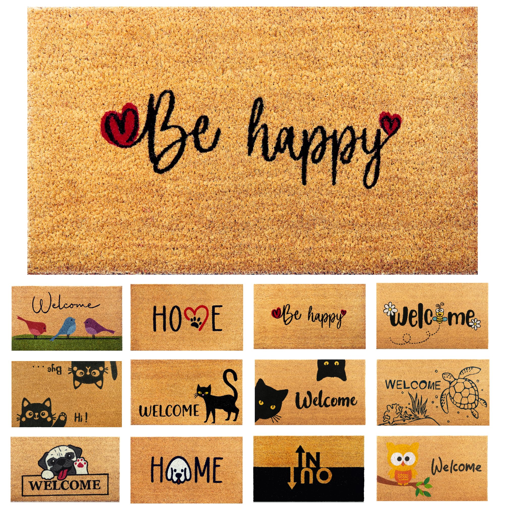 Felpudo Be Happy de Fibra Coco - 70x40cm - Felpudos Antideslizantes - Felpudos Originales para la Entrada a Casa, Pasillos, Puertas de Exterior - Accesorios para el Hogar - Material Resistente