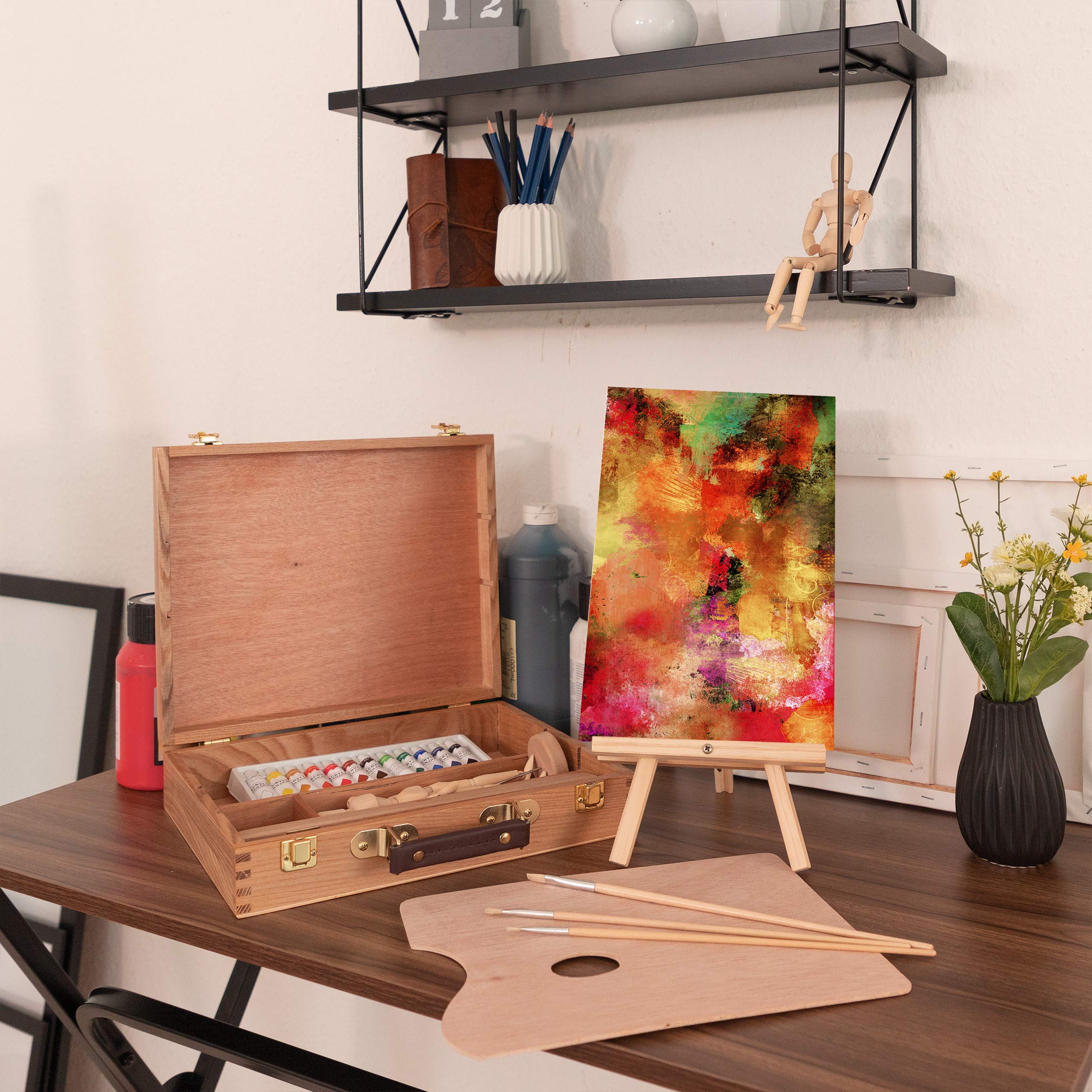 Relaxdays 10026740_1053 Coffret de Peinture,22 pièces Set Peintre,Bois Mannequin,Palette de mélange, Pinceau, chevalet, Toile,Couleurs, d’Orme, Naturel, 30,5 x 32 x 7,5 cm