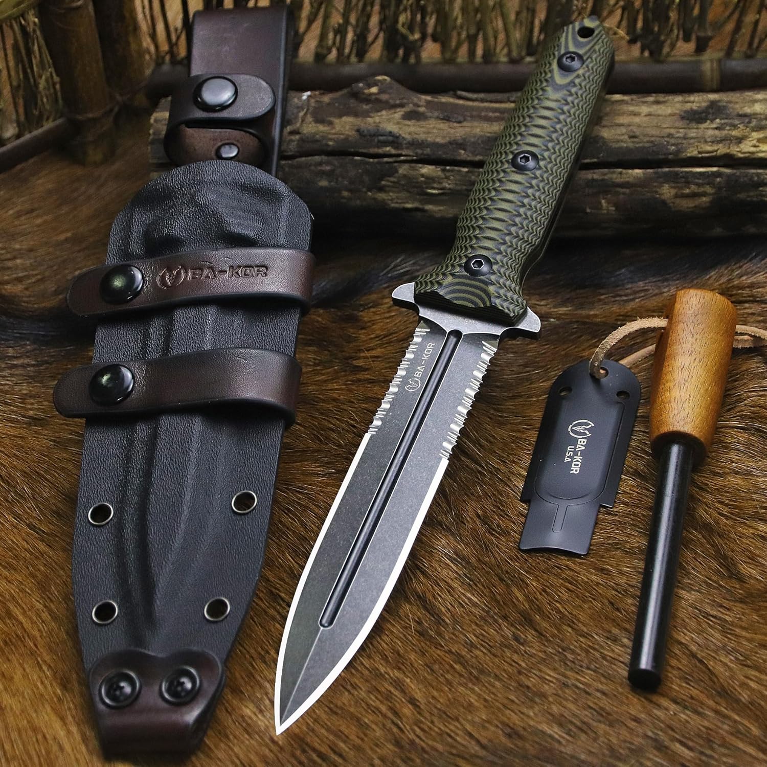 BA-KOR 11.4” Fixed Blade Hunting Knife, CPM 3V Steel Full Tang Survival Knife, 5mm Thick Stonewashed Dual Edge with Partial Serration, G10 Handle, Leather Kydex Sheath & 5.9” Fire Starter