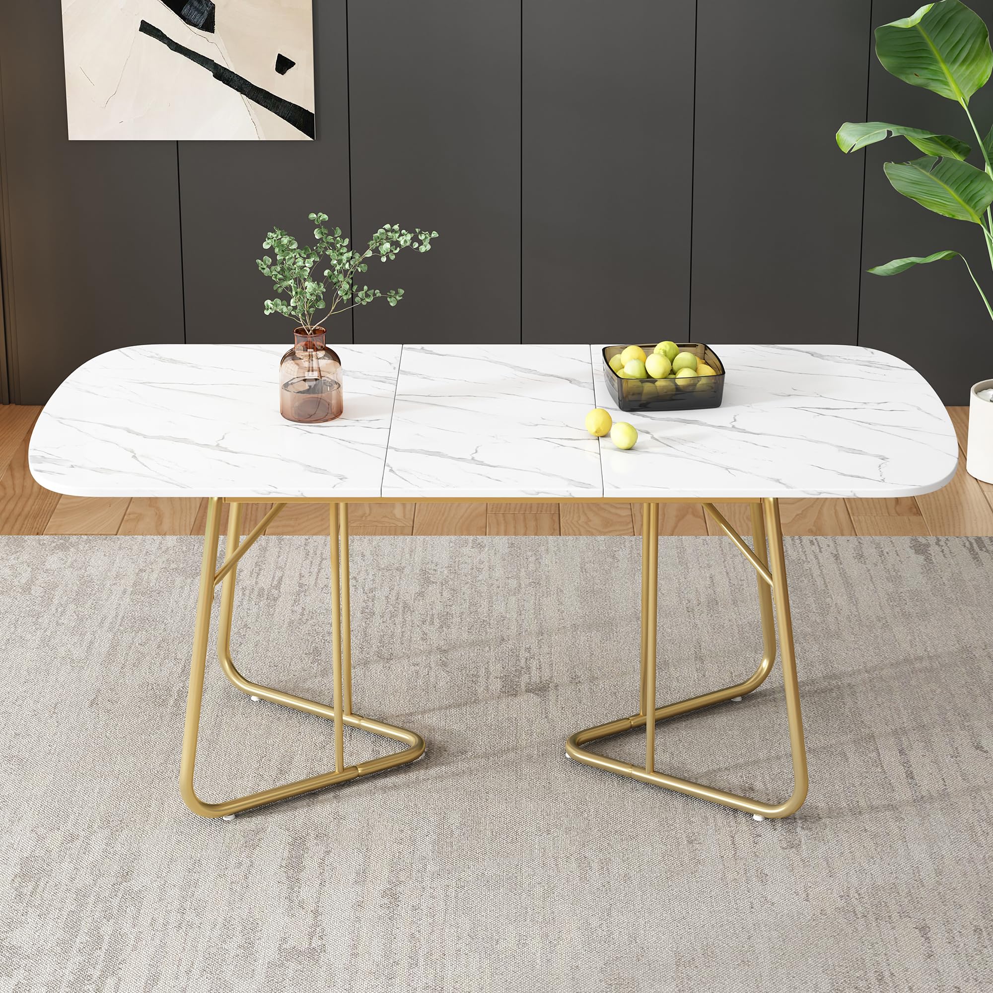 Merax Tavolo da pranzo allungabile, tavolo da pranzo allungabile ovale con struttura in marmo, 140/180 x 80 cm, 4-6 persone, marmo+oro