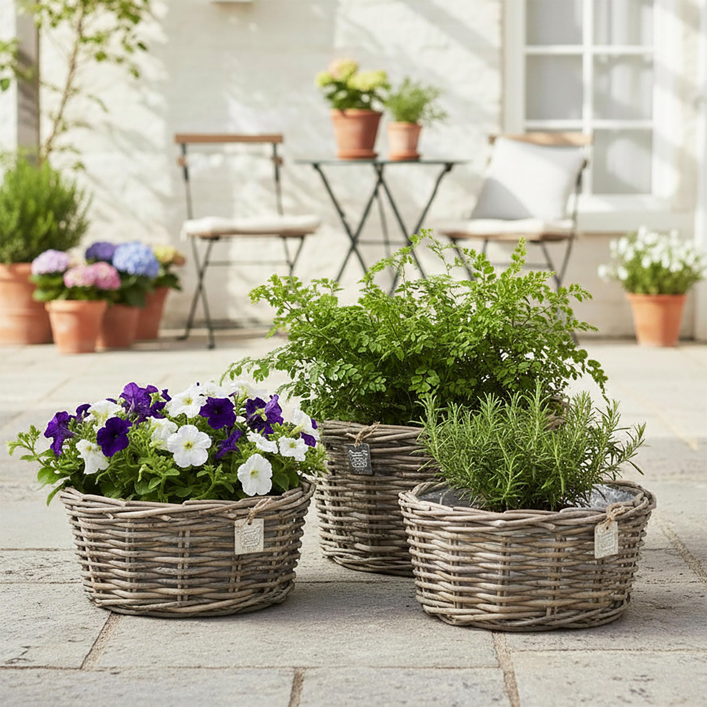 Spetebo Lot de 3 pots de fleurs en rotin - 30/26/21 cm - Pot de fleurs doublé d'un film - Décoration de jardin - Panier à fleurs tressé pour fleurs