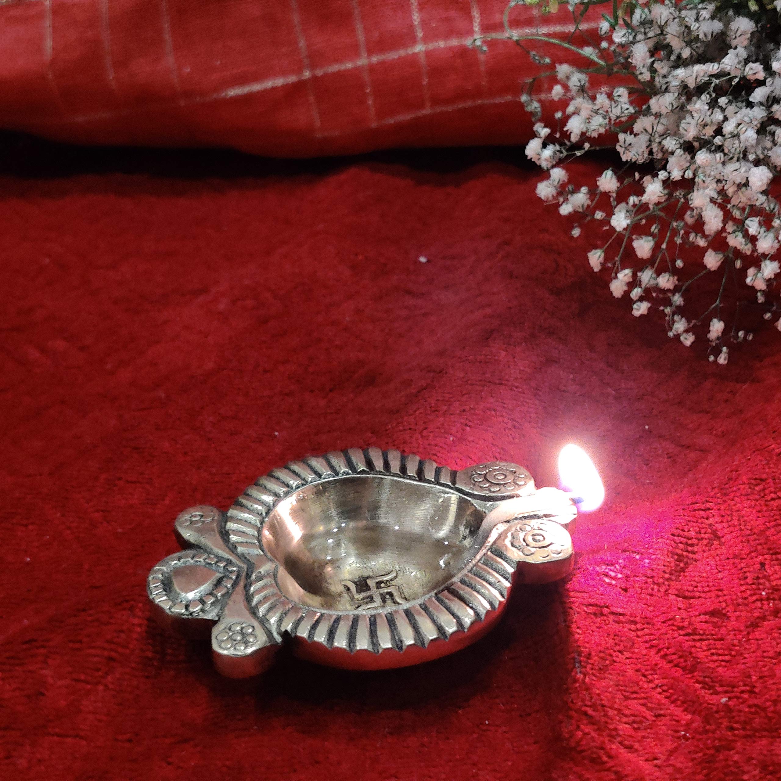 Divya Mantra Swastik Laxmi Brass Diya Indian Diwali Oil Lamp Pooja Light Puja Decorations Mandir Decoration Items Handmade Table Home Backdrop Decor Lamps Made in India Decorative Diyas - Gold (4) - Image 9 thumbnail