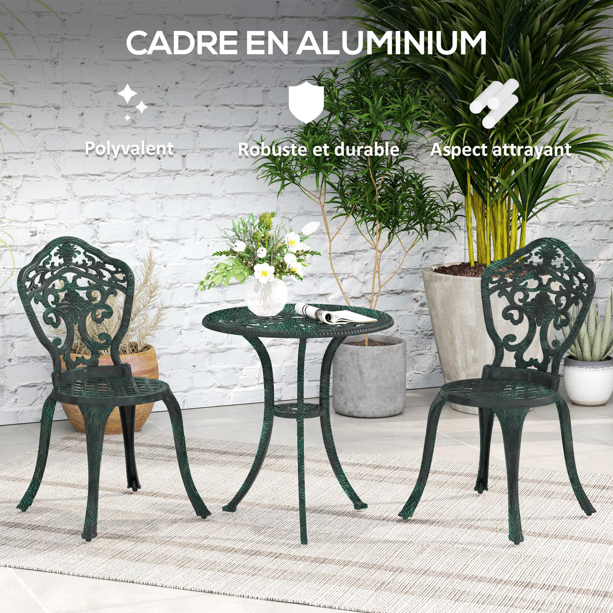Outsunny Ensemble bistrot pour Jardin en Aluminium Salon de Jardin 3 pièces 2 chaises + 1 Table Ronde Imitation Fer forgé Vert