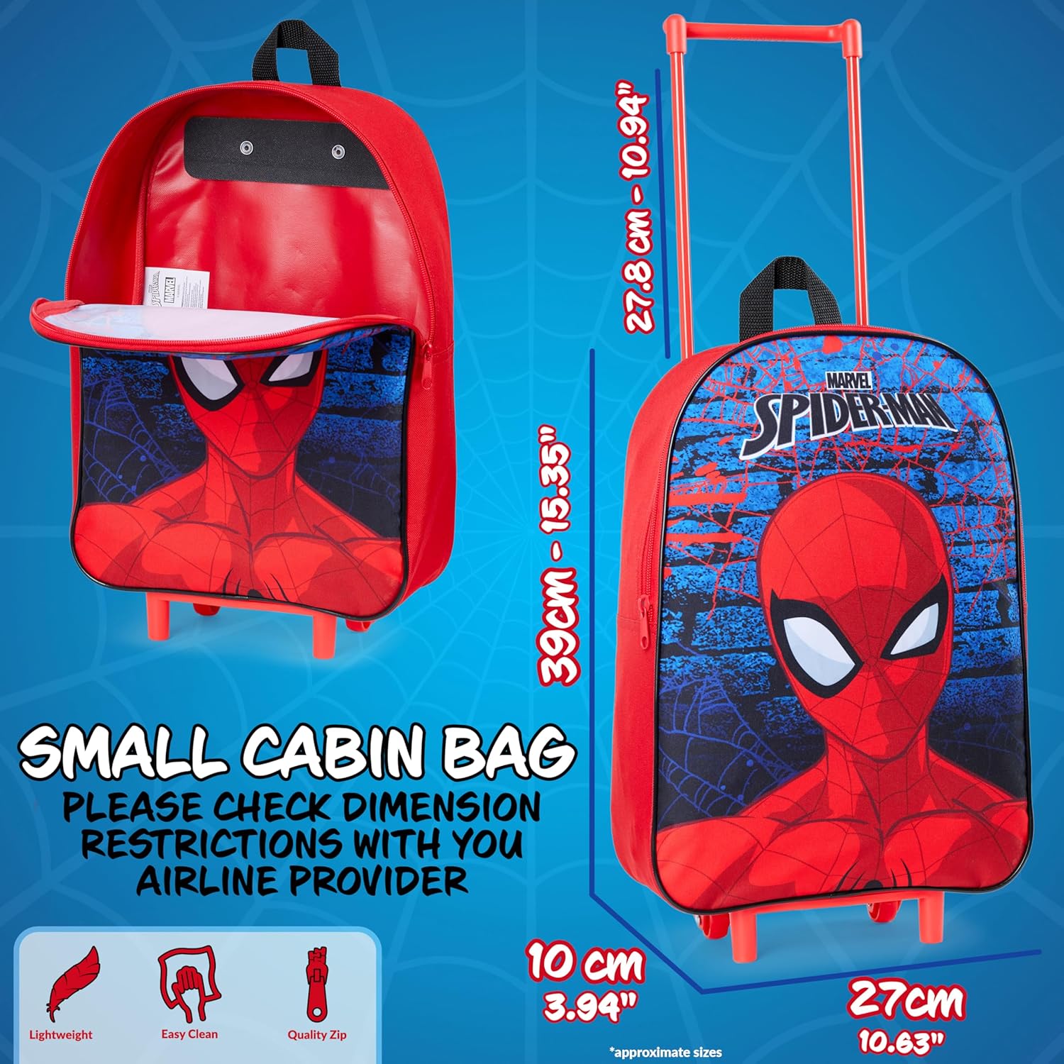 Marvel Spiderman Kids Suitcase, Foldable Trolley Bag 15.35”x 10.63” x 3.94”